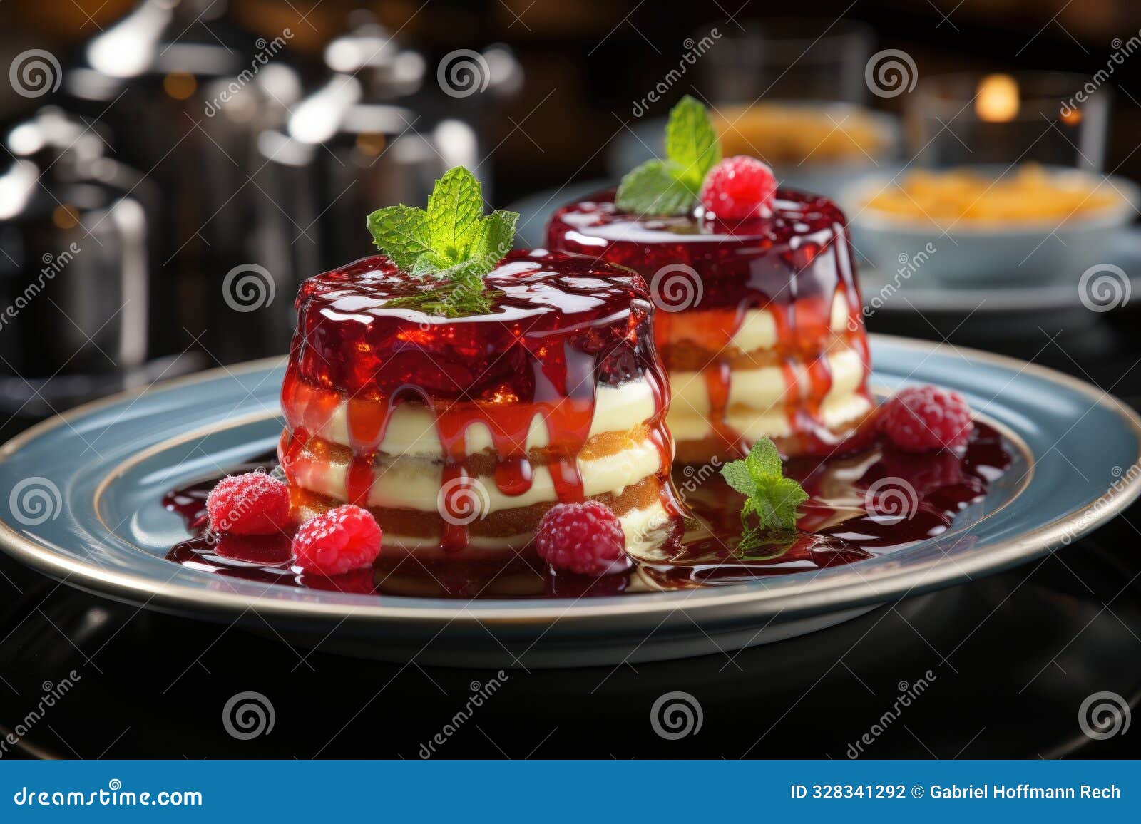 pistachio pudding with raspberry syrup, served in a high cuisine resta