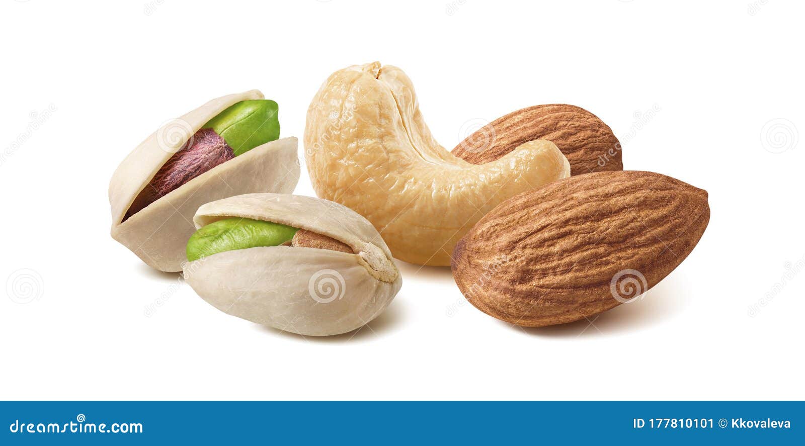pistachios, almonds and cashew nuts mix  on white background