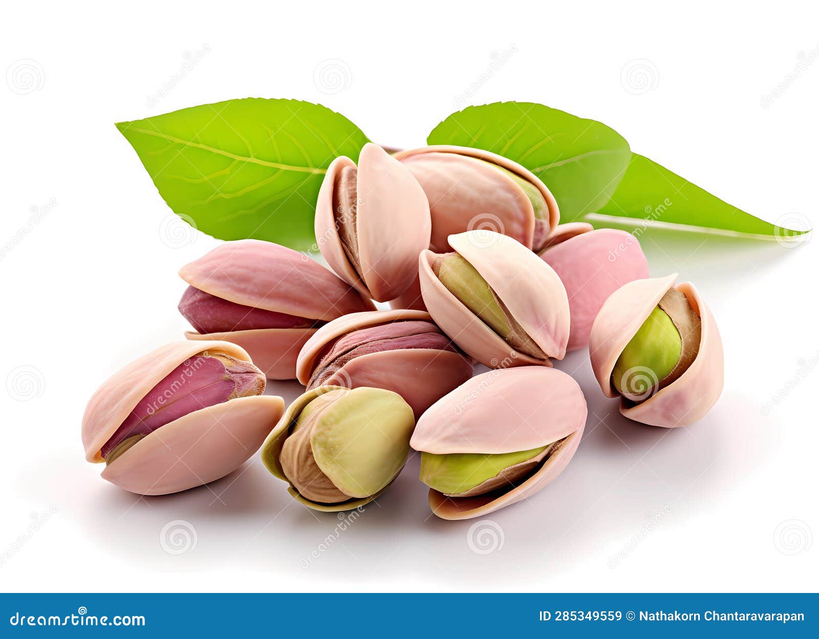 Pistachios on a White Background with Leaf and Leaf, in the Style of