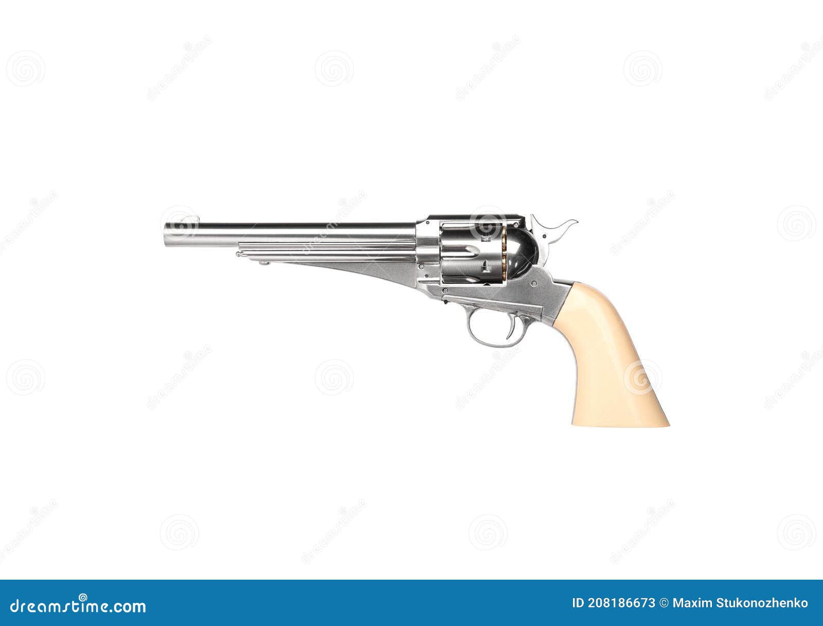 a pistol revolver from the times of the wild west. silver firearm isolate against abel back. armament of cowboys, sheriffs and