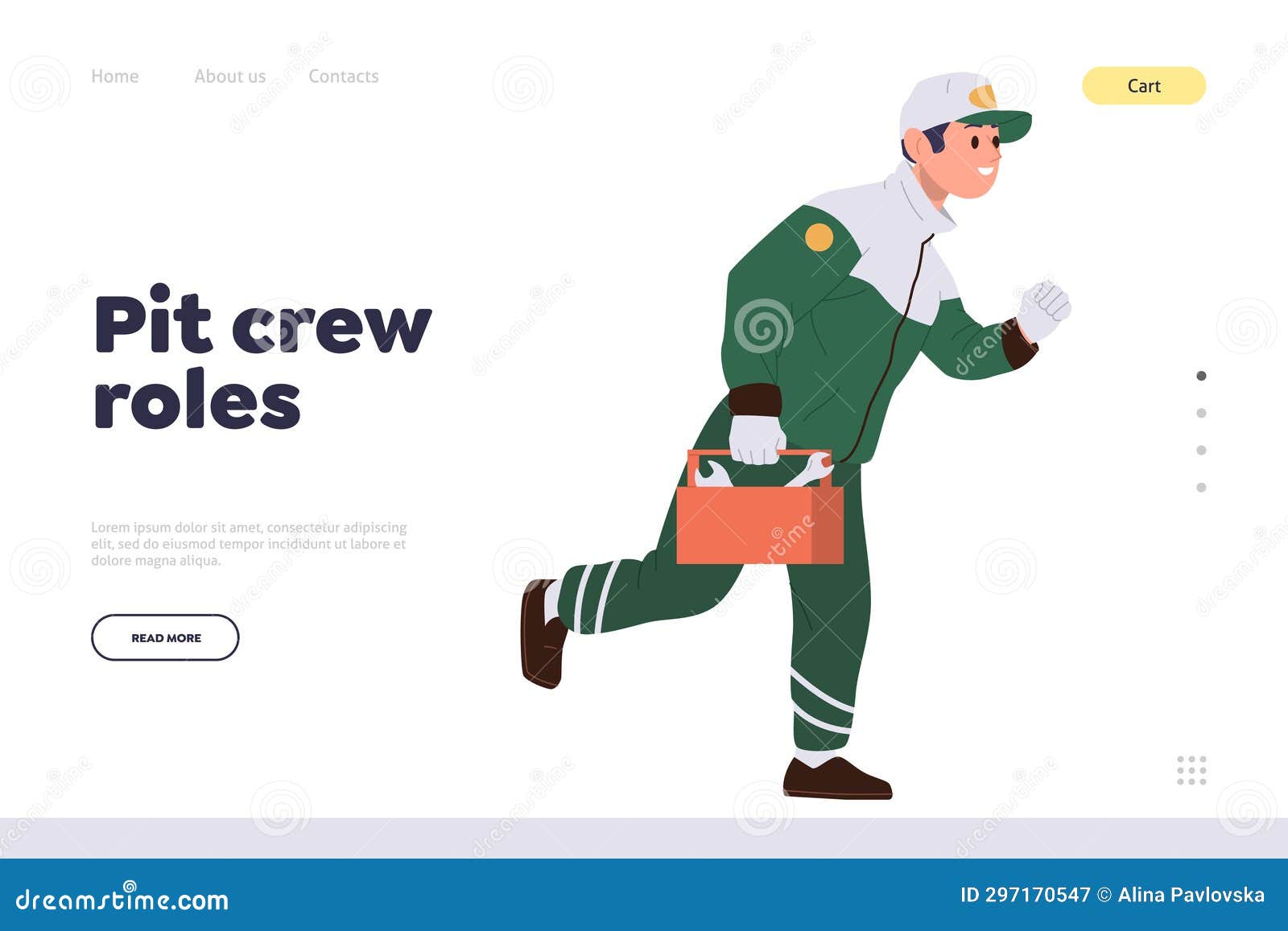 Pit Crew Roles Landing Page Template with Maintenance Technician with Repair Tools Running Stock