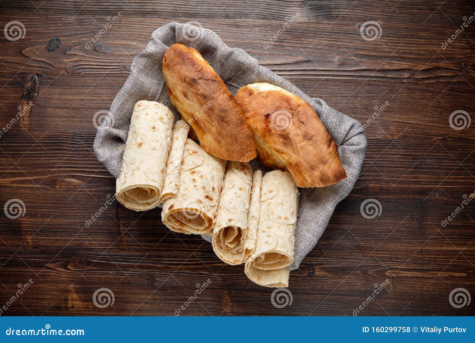 Pita Bread of Different Types in a Bread Basket . Restaurant Menu Stock