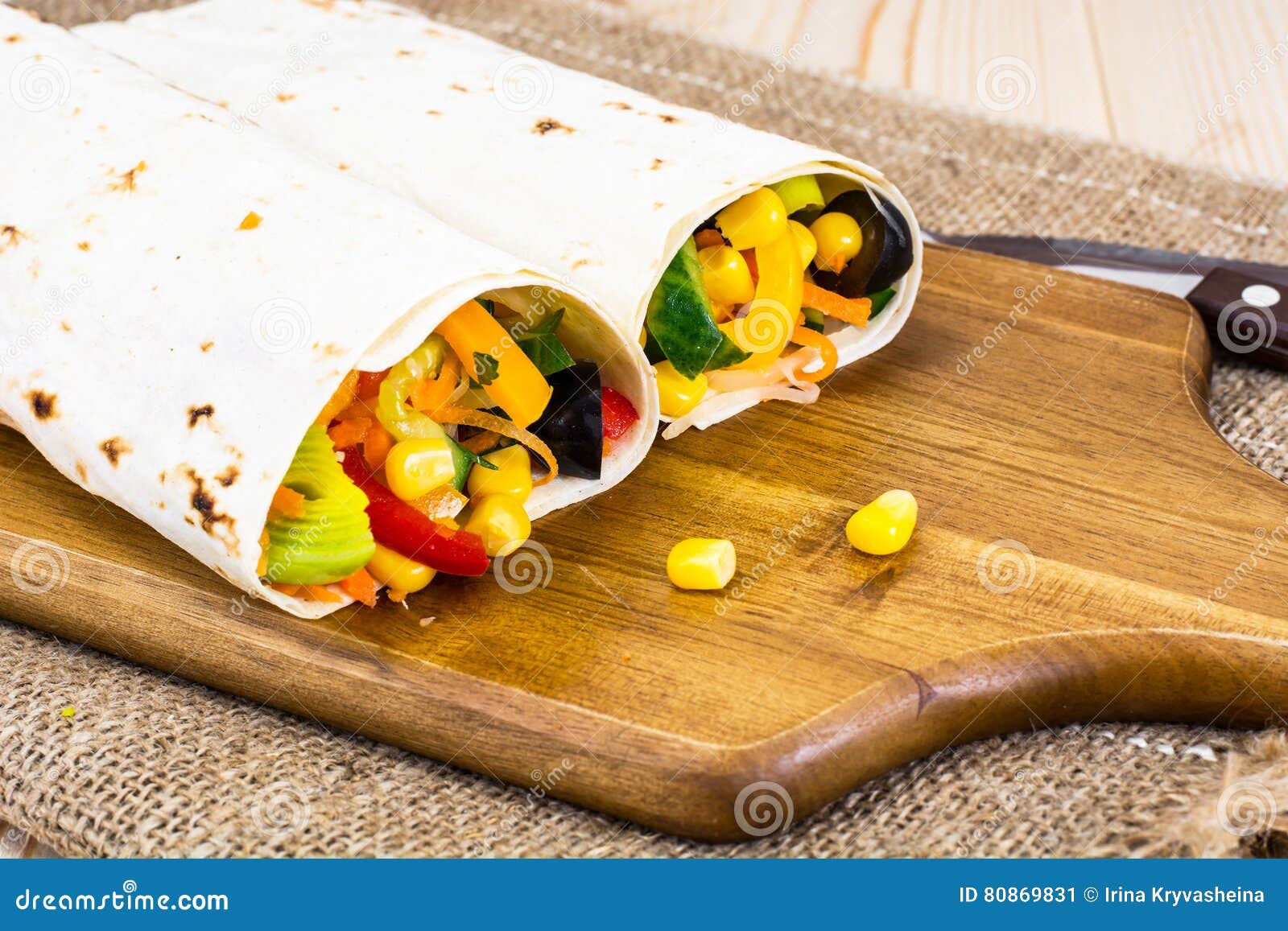Pita Bread, Shawarma, Burritos with Vegetables and Corn Stock Image