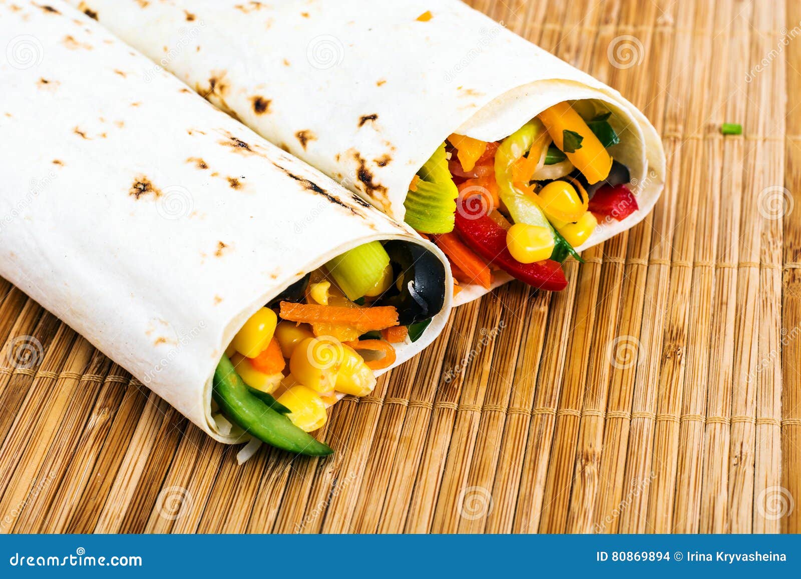 Pita Bread, Shawarma, Burritos with Vegetables and Corn Stock Photo