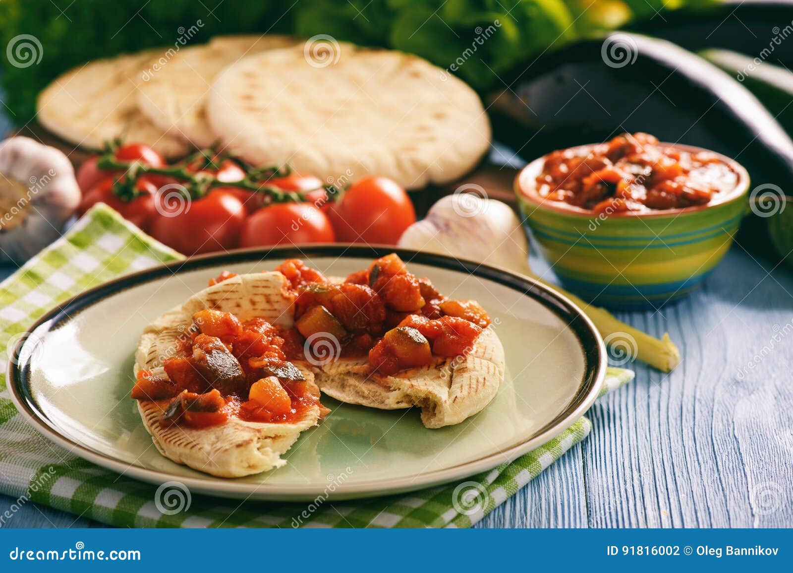 Pita Bread with Vegetable Spread Mediterranean Kitchen Style. Stock