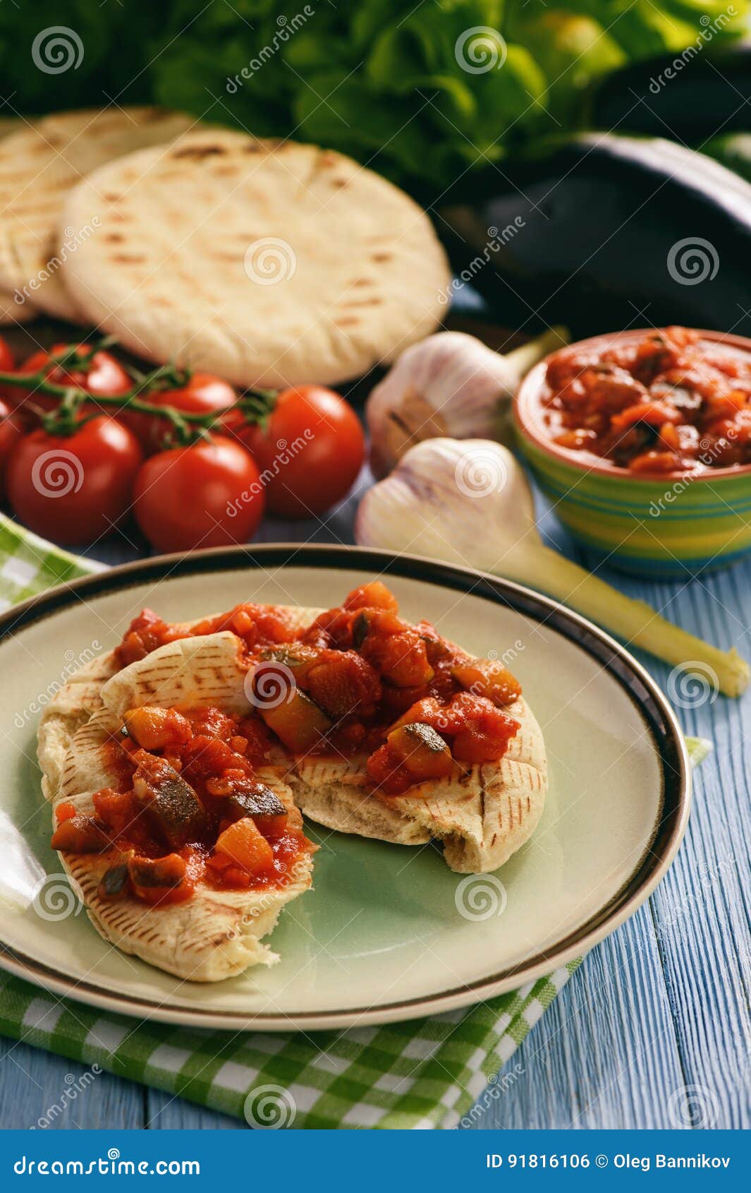 Pita Bread with Vegetable Spread Mediterranean Kitchen Style. Stock