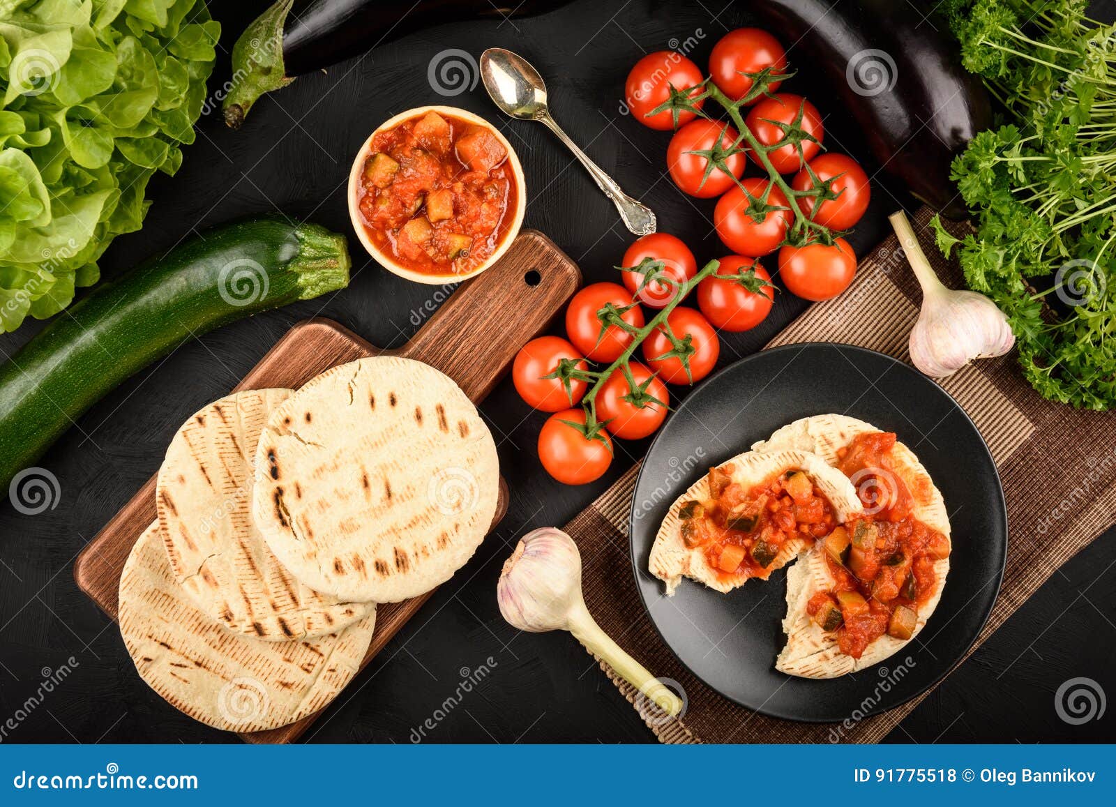 Pita Bread with Vegetable Spread Mediterranean Kitchen Style. Top View