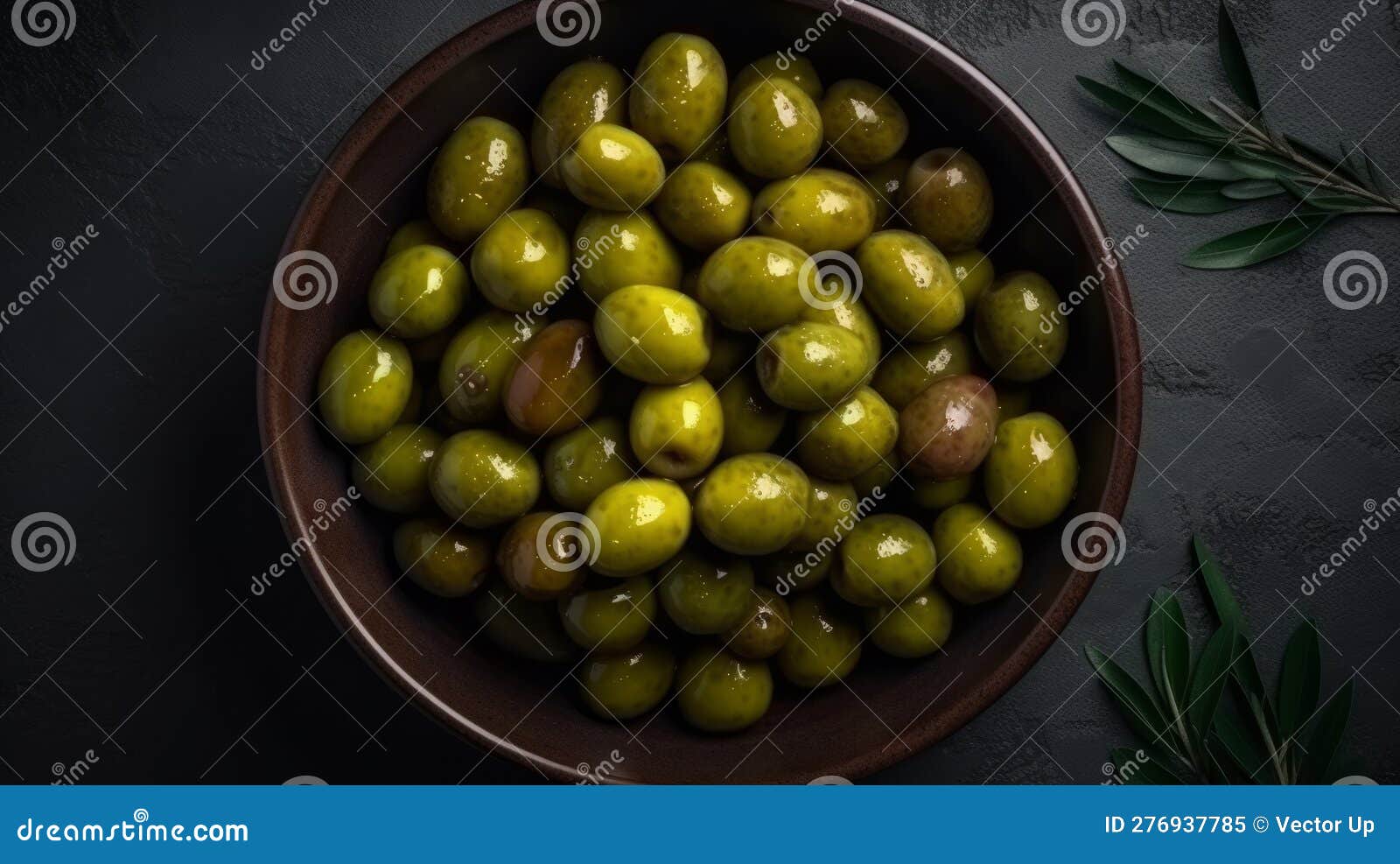 Pitted Green Olives in a Bowl Top View. Generative AI Stock Image