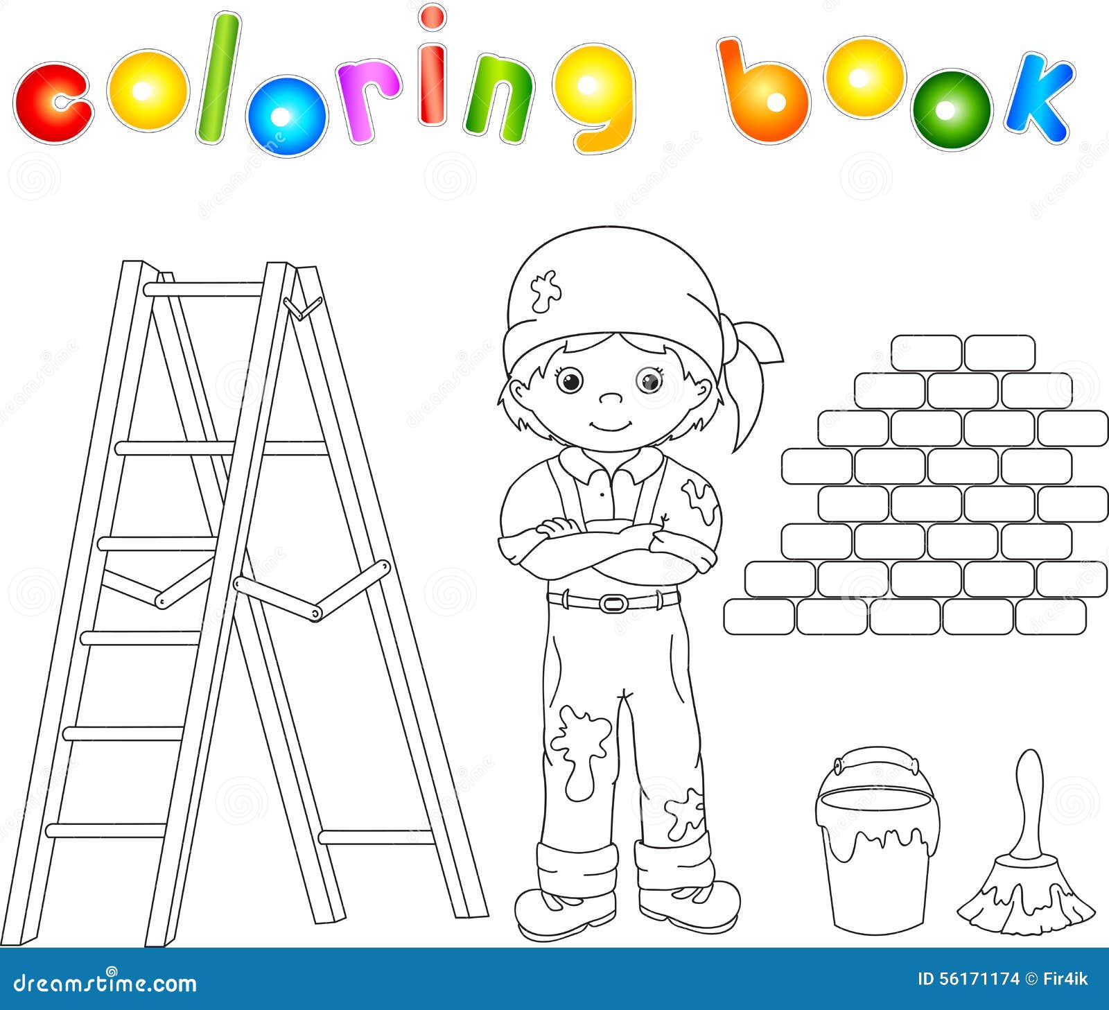 Pittore in camici ed in bandana Scala pennello e secchio Immagini Stock