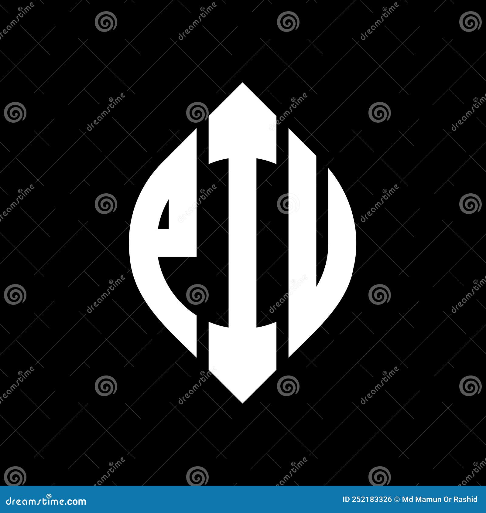piu circle letter logo  with circle and ellipse . piu ellipse letters with typographic style. the three initials form a