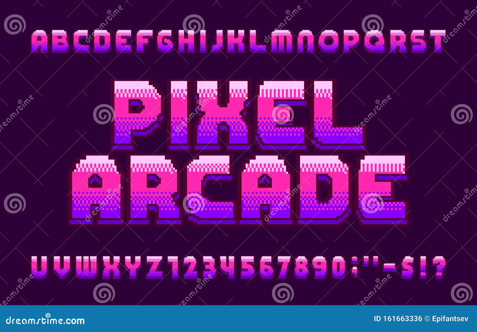 Retro Pixel Game alphabet font. Pixel script letters, numbers and  punctuations. 80s arcade video game typescript. Stock Vector