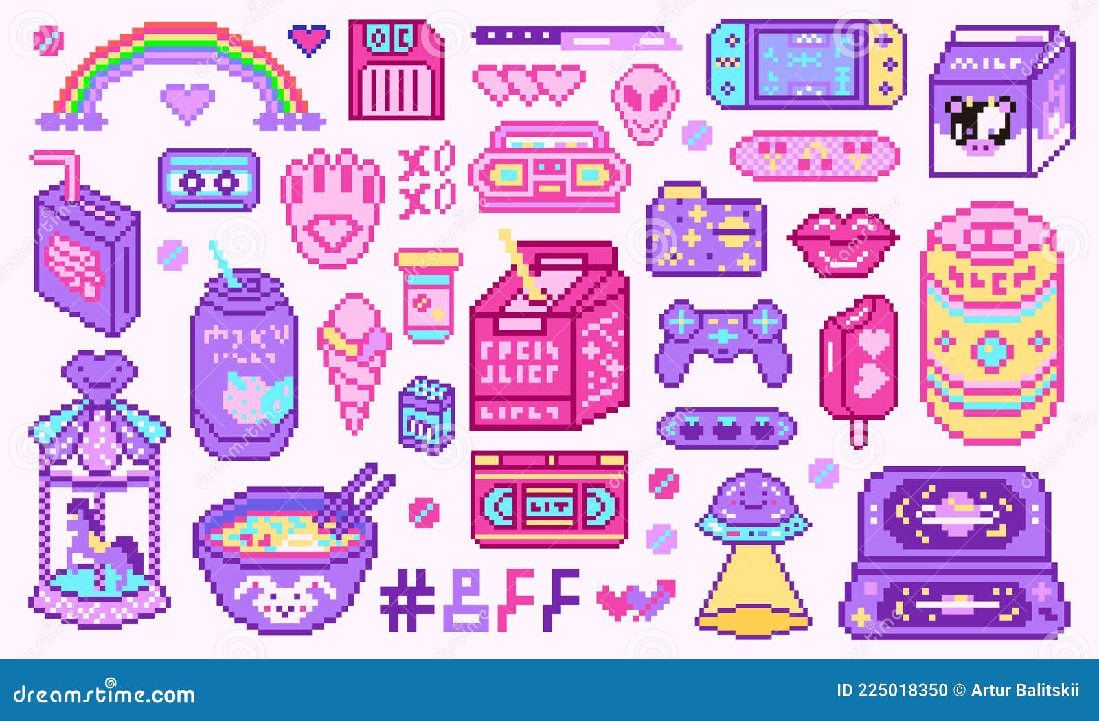 Pixel Art 8 Bit Objects. Retro Digital Game Assets. Set of Pink Fashion ...