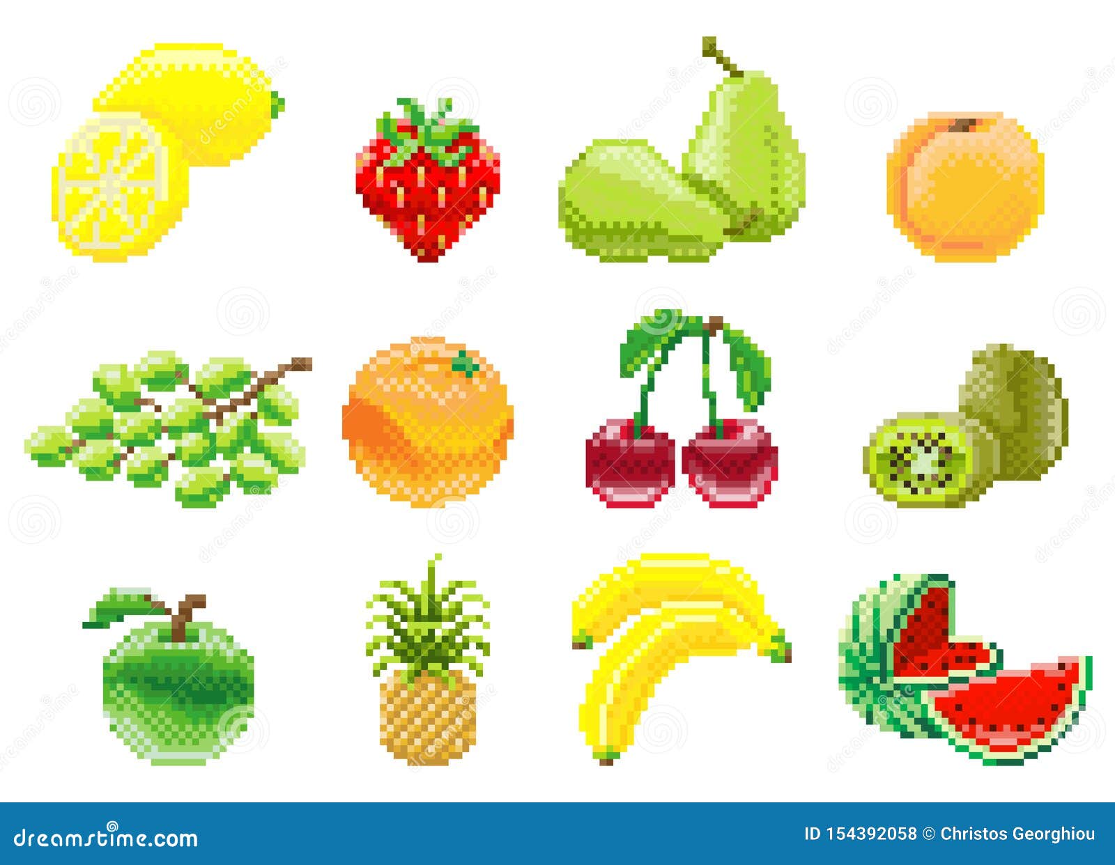 Pixel Art 8 Bit Video Game Fruit Icon Set Stock Vector