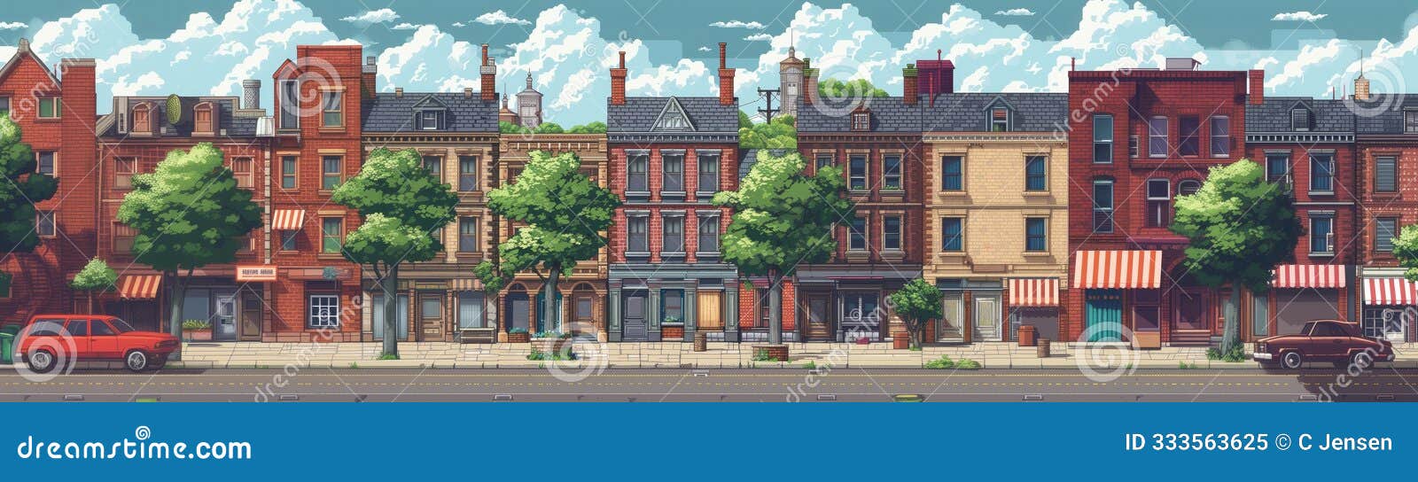 pixel art city landscape, video game platformer asset, 8bit retro urban street, side-scroller side view pixelated buildings