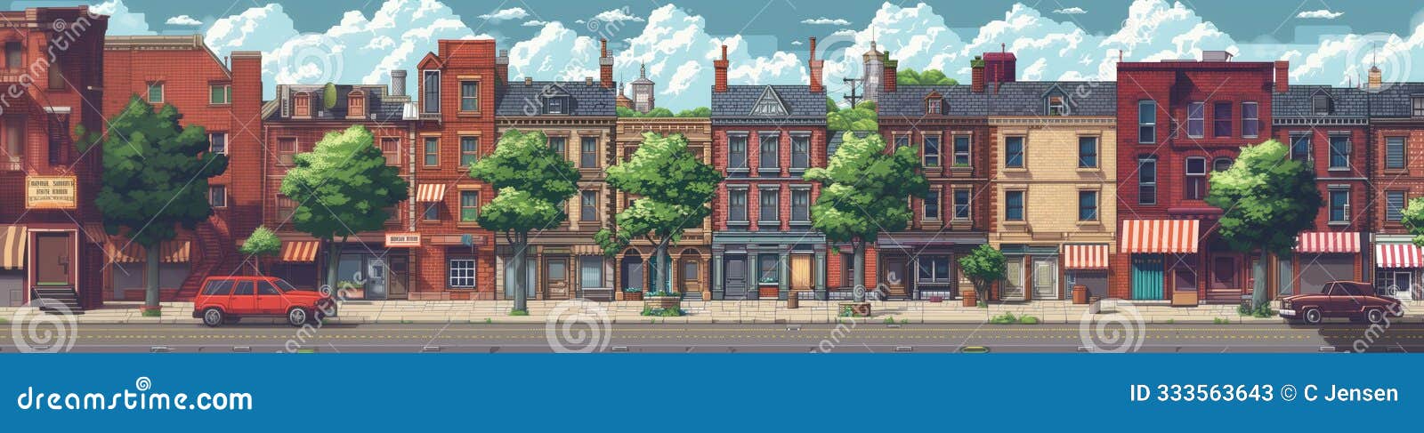 pixel art city landscape, video game platformer asset, 8bit retro urban street, side-scroller side view pixelated buildings