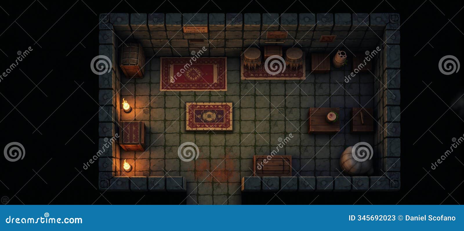 pixel art depiction of a topdown dungeon room with barrels crates torches and stone floors for retro gaming enthusiasts
