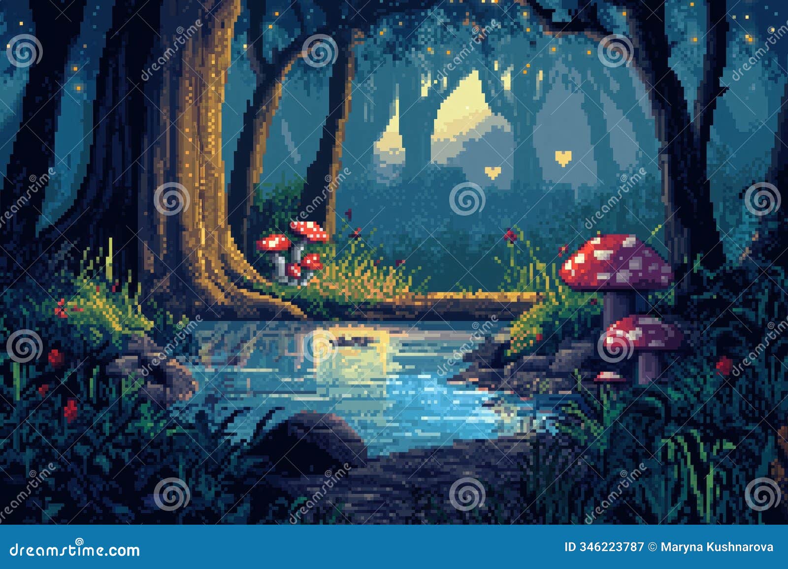pixel art forest scene. magical glowing pond surrounded by vibrant mushrooms and pixelated animals. serene forest atmosphere.