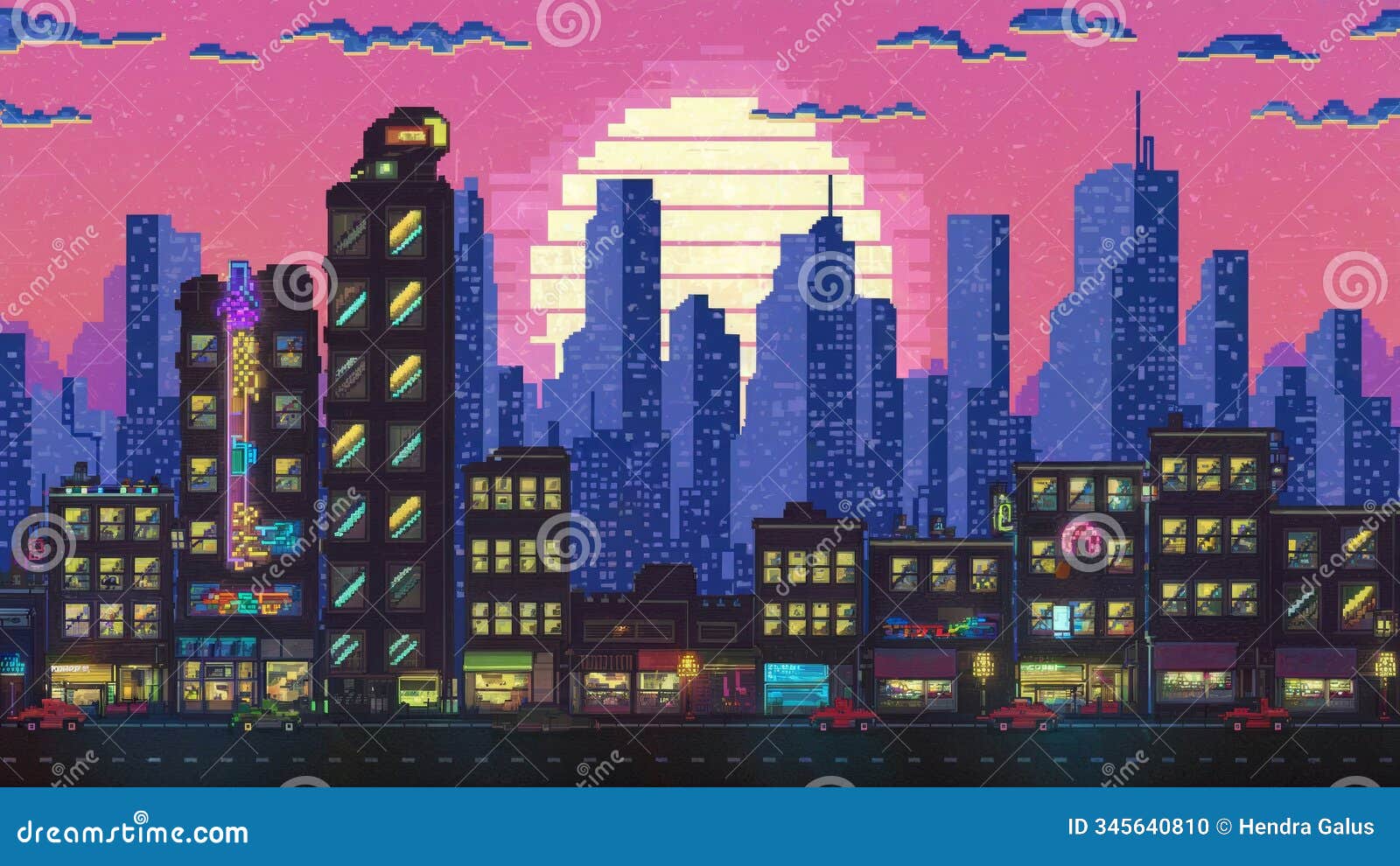 pixel art  of retro cityscape at sunset featuring vibrant 8-bit buildings and nostalgic skyline reminiscent of 80s and