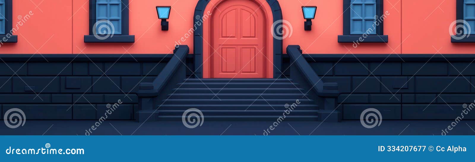 a pixel art magical academy, flat , front view, wizard school theme, 3d render, complementary color scheme