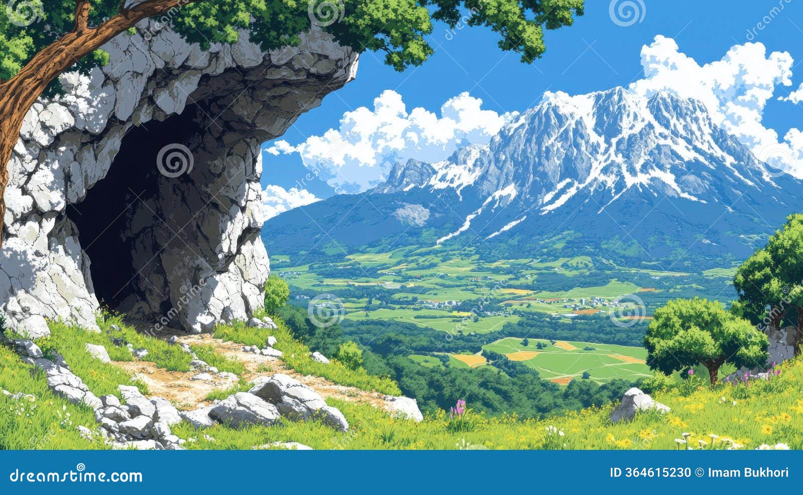 Pixel Art Mountain Landscape, a Serene View from a Cave Entrance