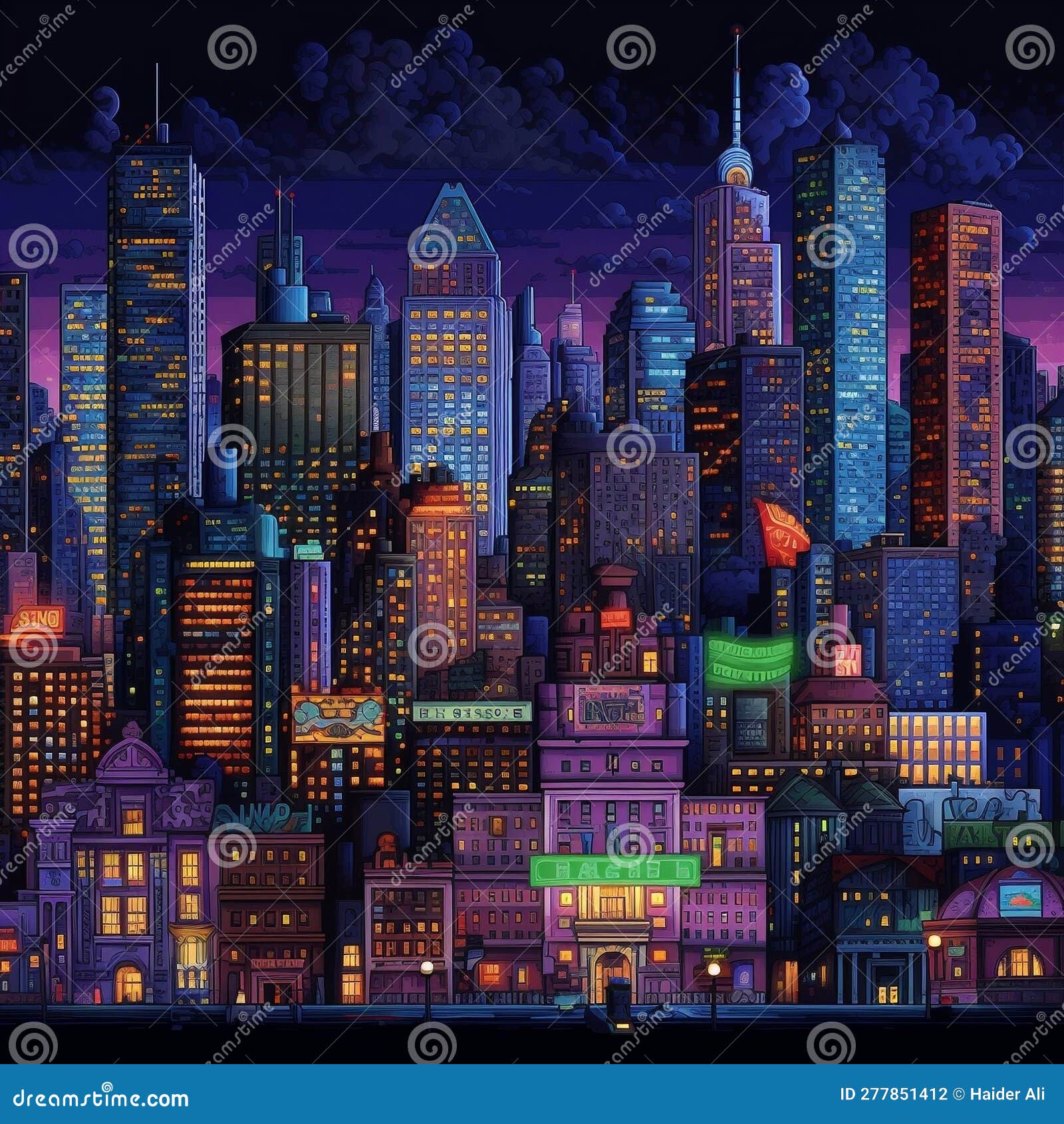 32 Pixel Art New York City at Night. Generative AI Stock Illustration ...