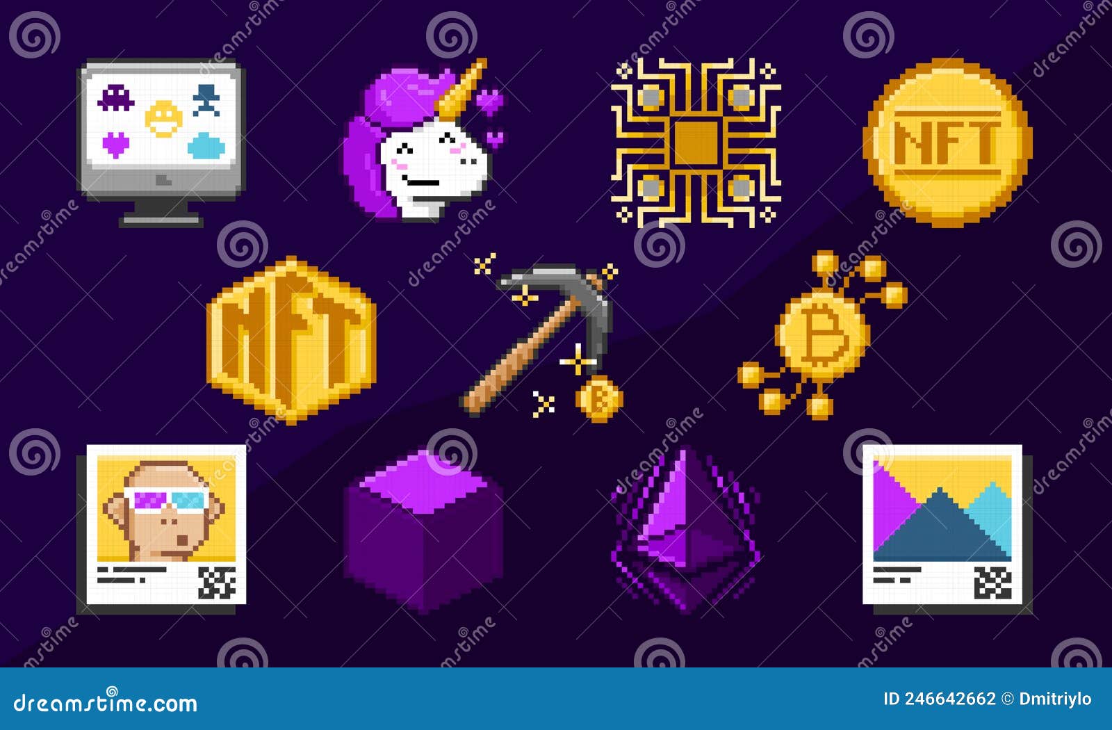 Pixel Art NFT Cryptocurrency Bitcoin Token Vector Illustration Icons Set.  Stock Vector - Illustration of vector, profile: 246642662