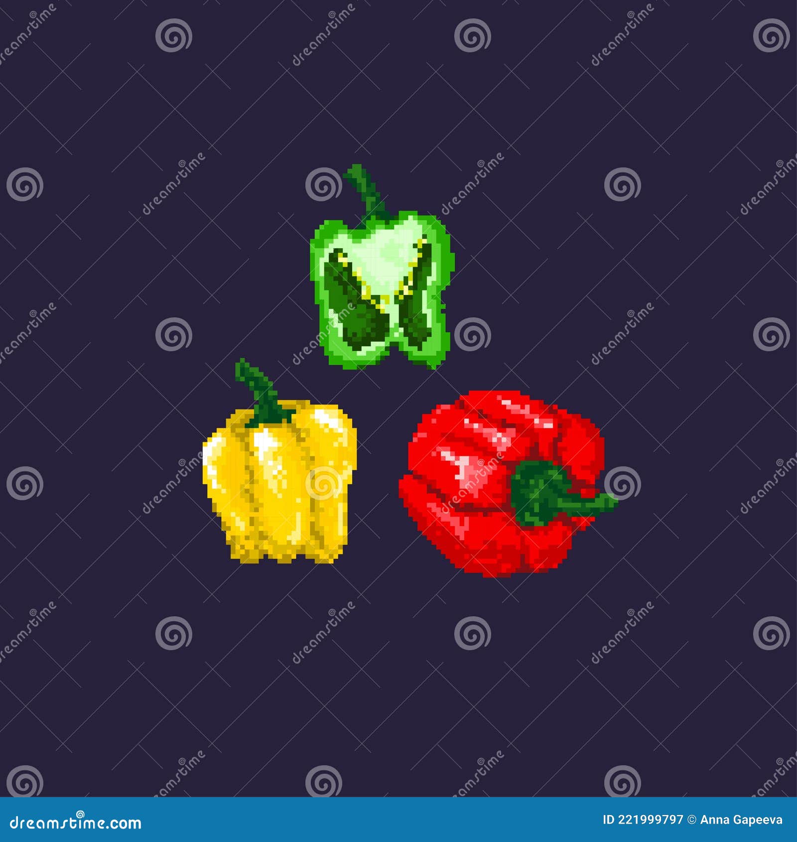 Pixelart Pepper. a Slice of Pepper and Whole Pepper on Blue Background