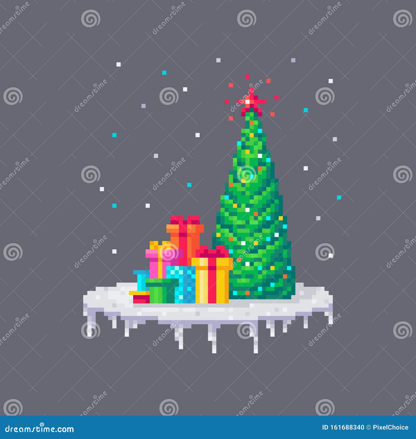 árvore de natal de pixel art, com ícone de vetor de estrelas e