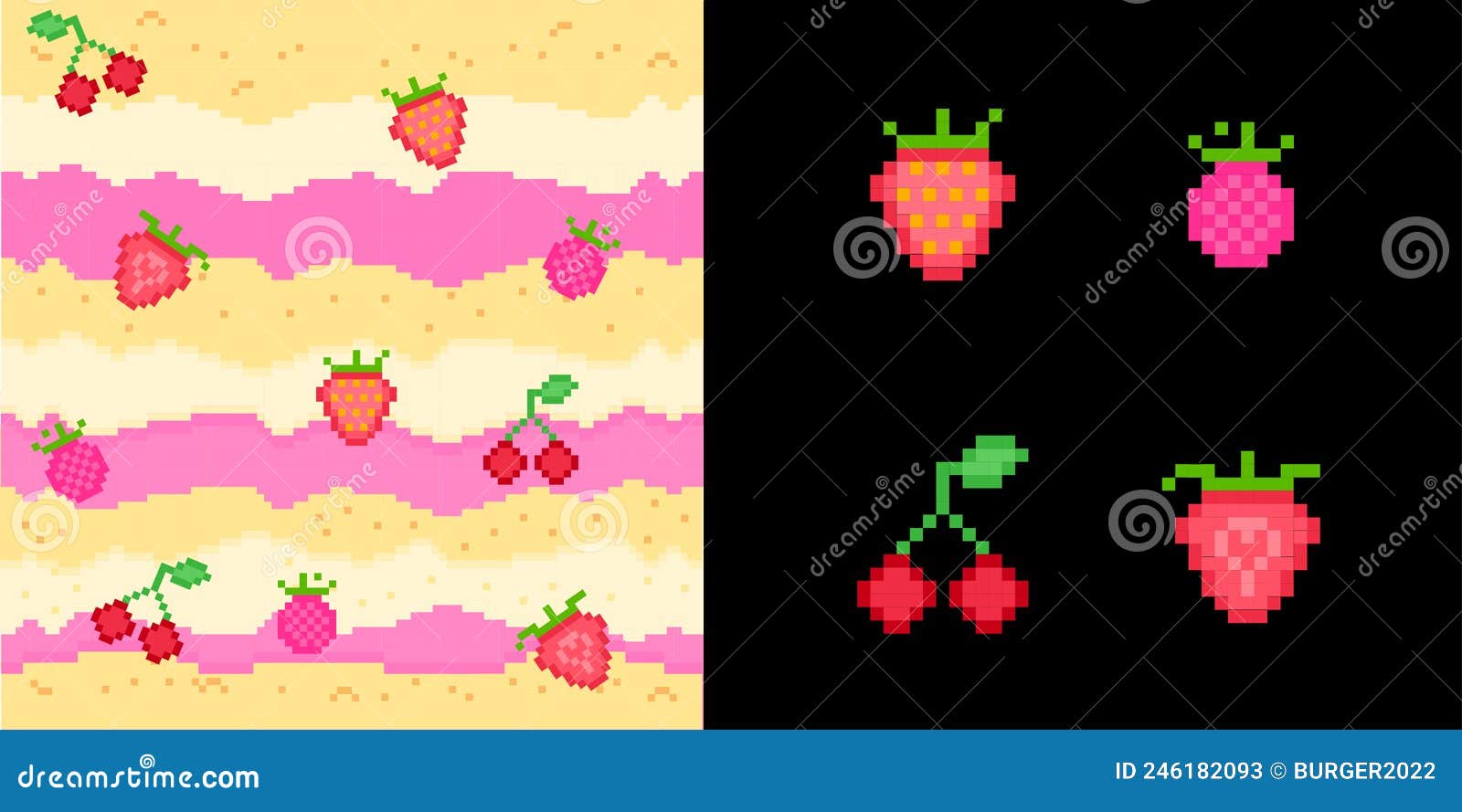 pixel art pinkberry parfait strawberry, cherry, raspberry cake dessert 