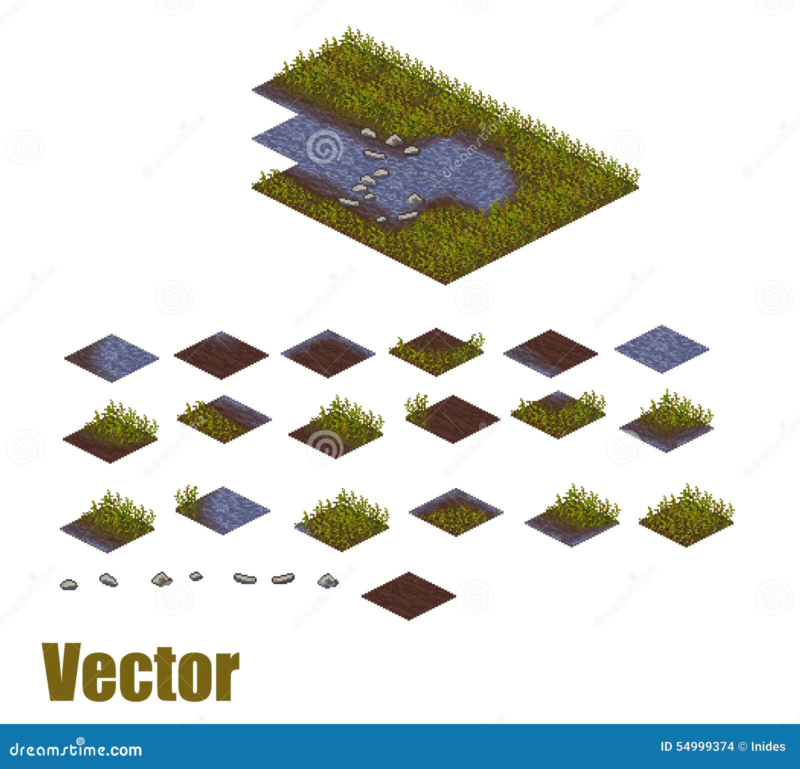 Pixel Art River Tilesets Water Grass And Land Stock Vector