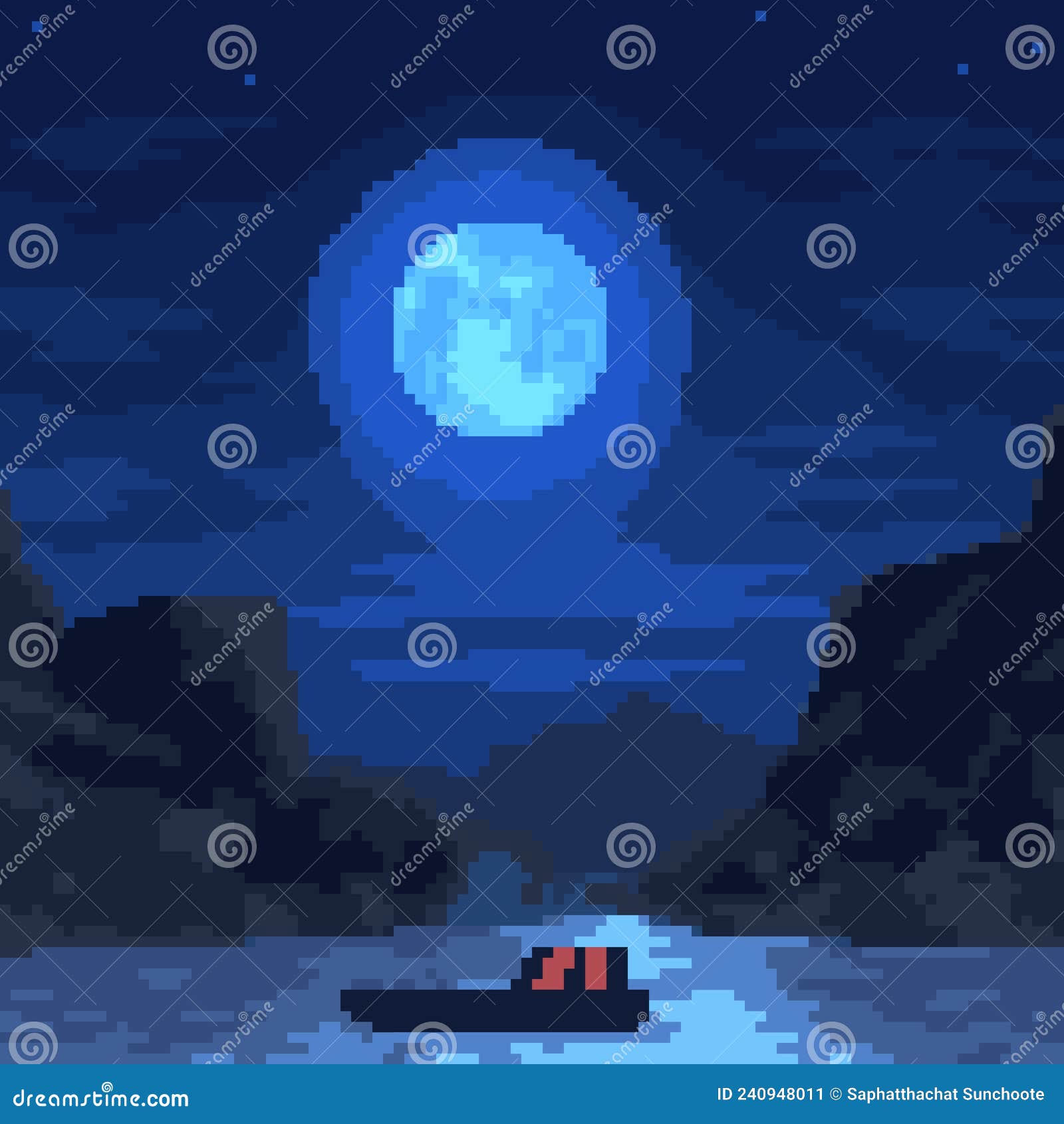 Pixel art rural lake night stock vector. Illustration of water 240948011