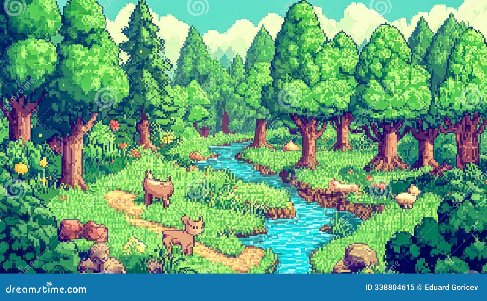 pixel art scene depicting animals grazing near a river in the forest