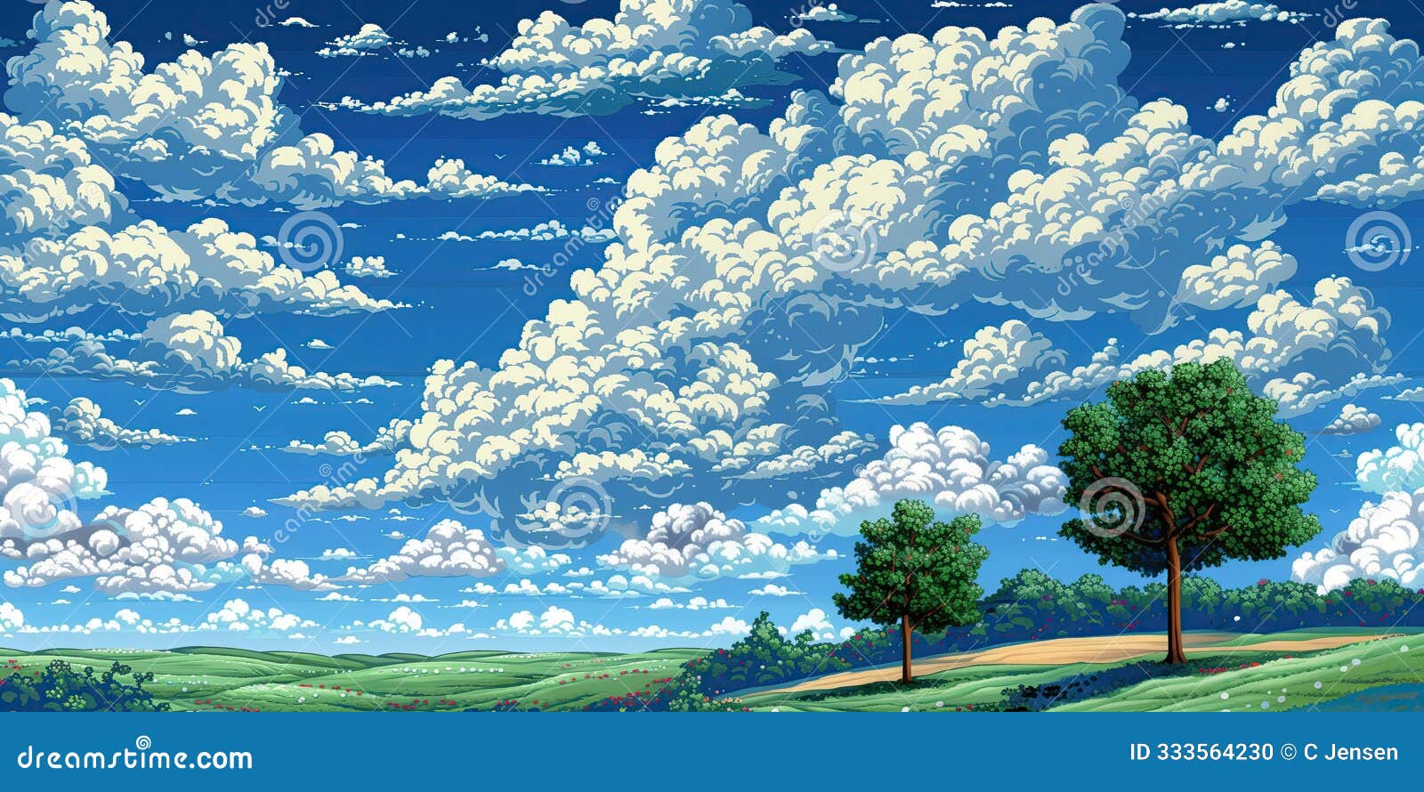 pixel art spring summer nature landscape, video game outdoor platformer asset background, 8bit retro trees grass meadow blue sky