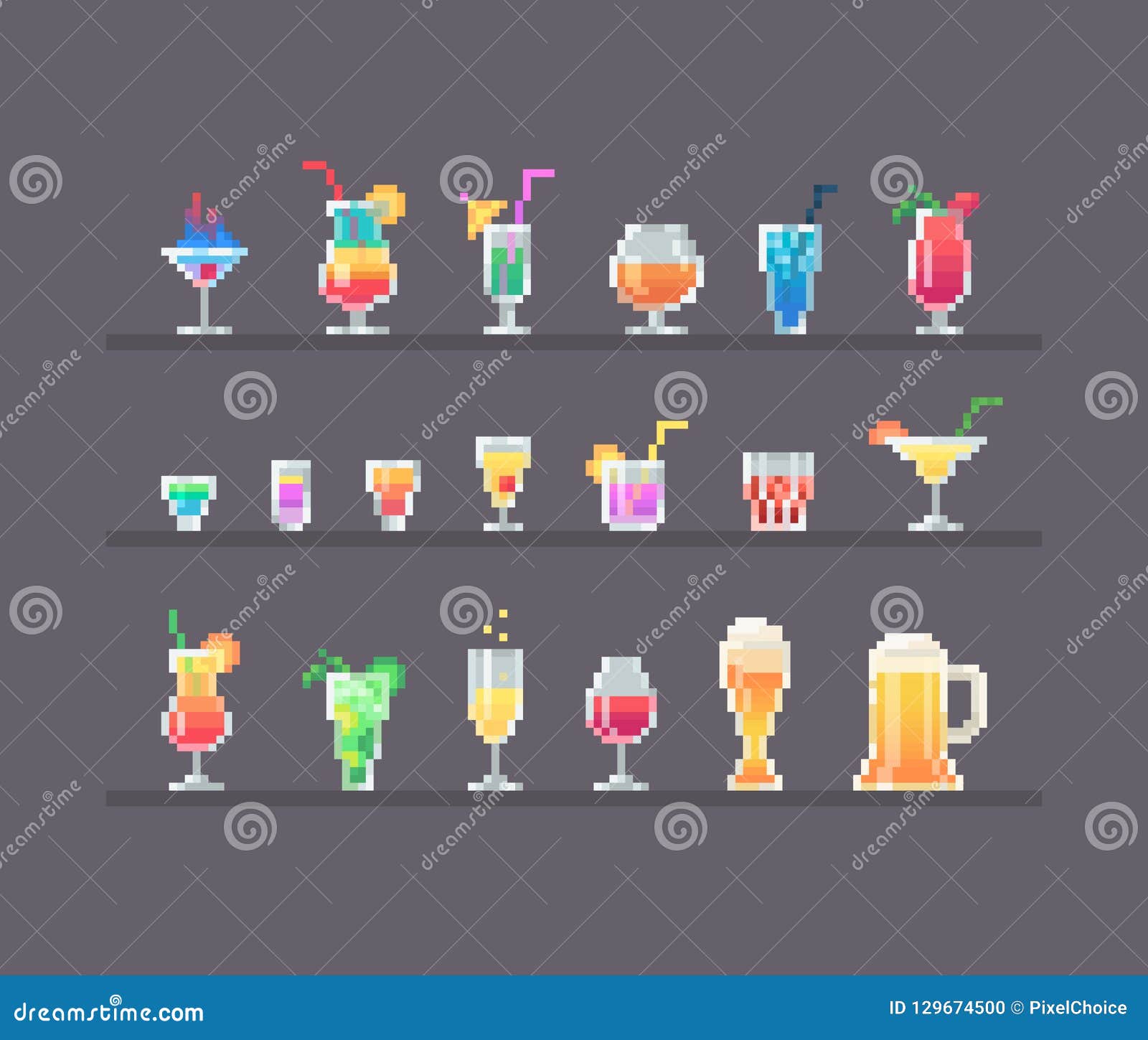 pixel art style alcohol drinks and cocktails set