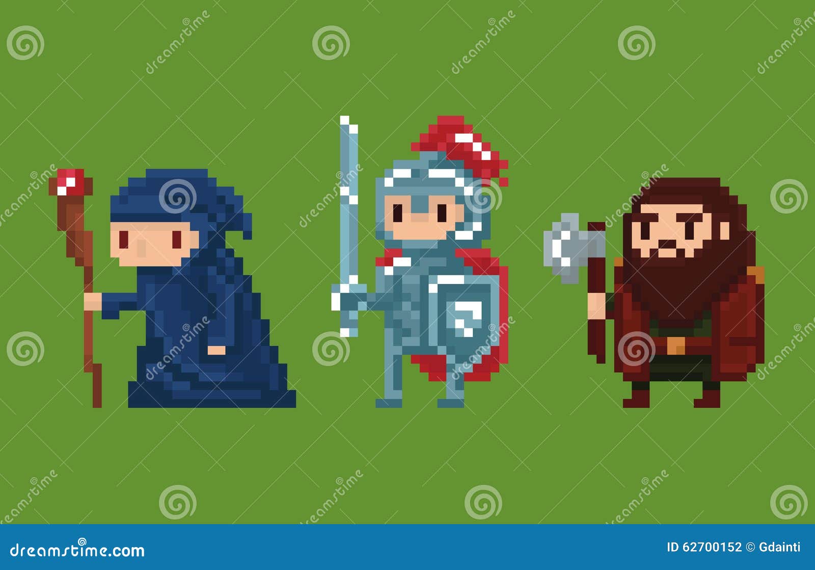 pixel art style  wizard, knight and
