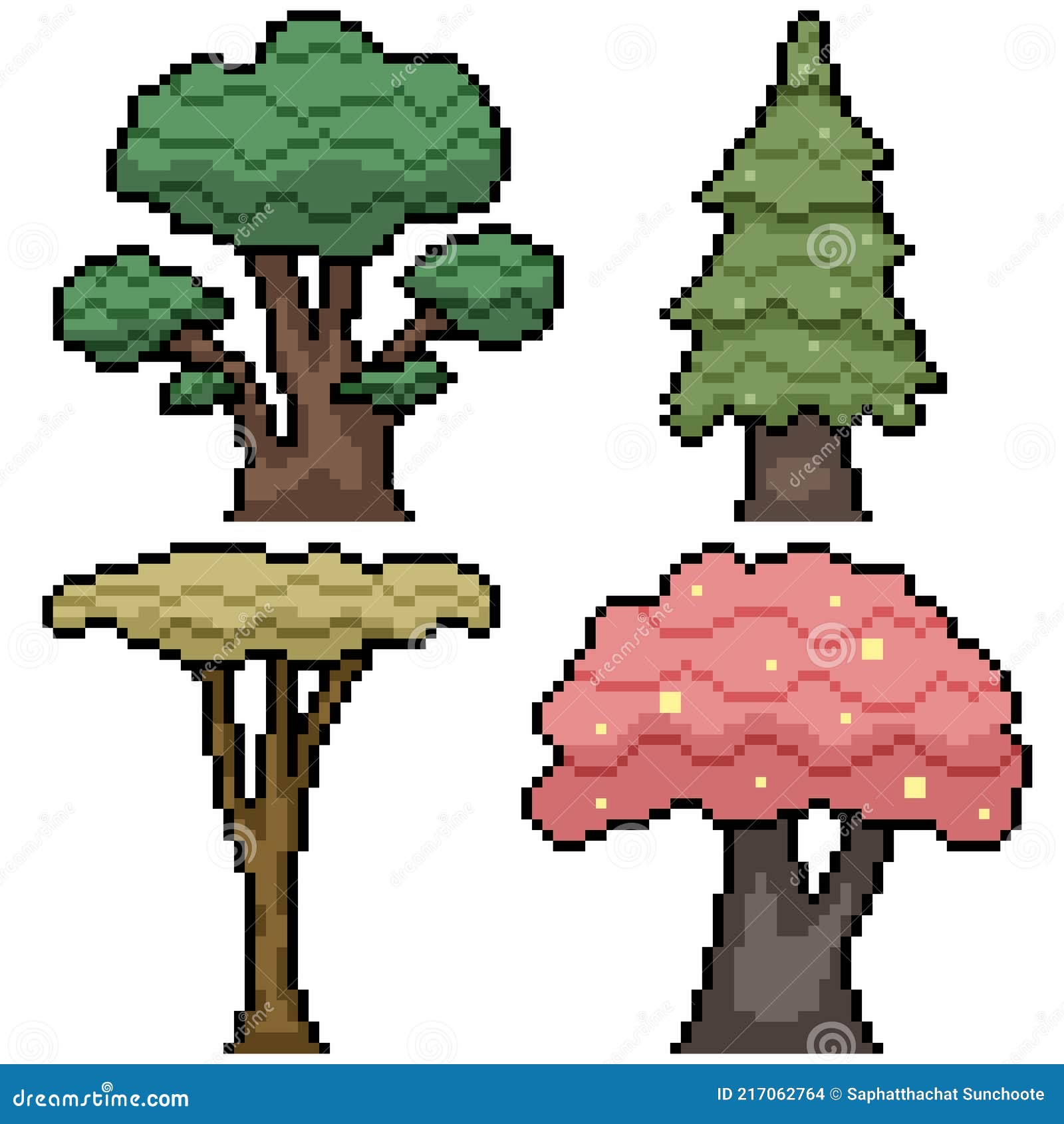 Conjunto de ícones de pixel art de diferentes árvores coleção de