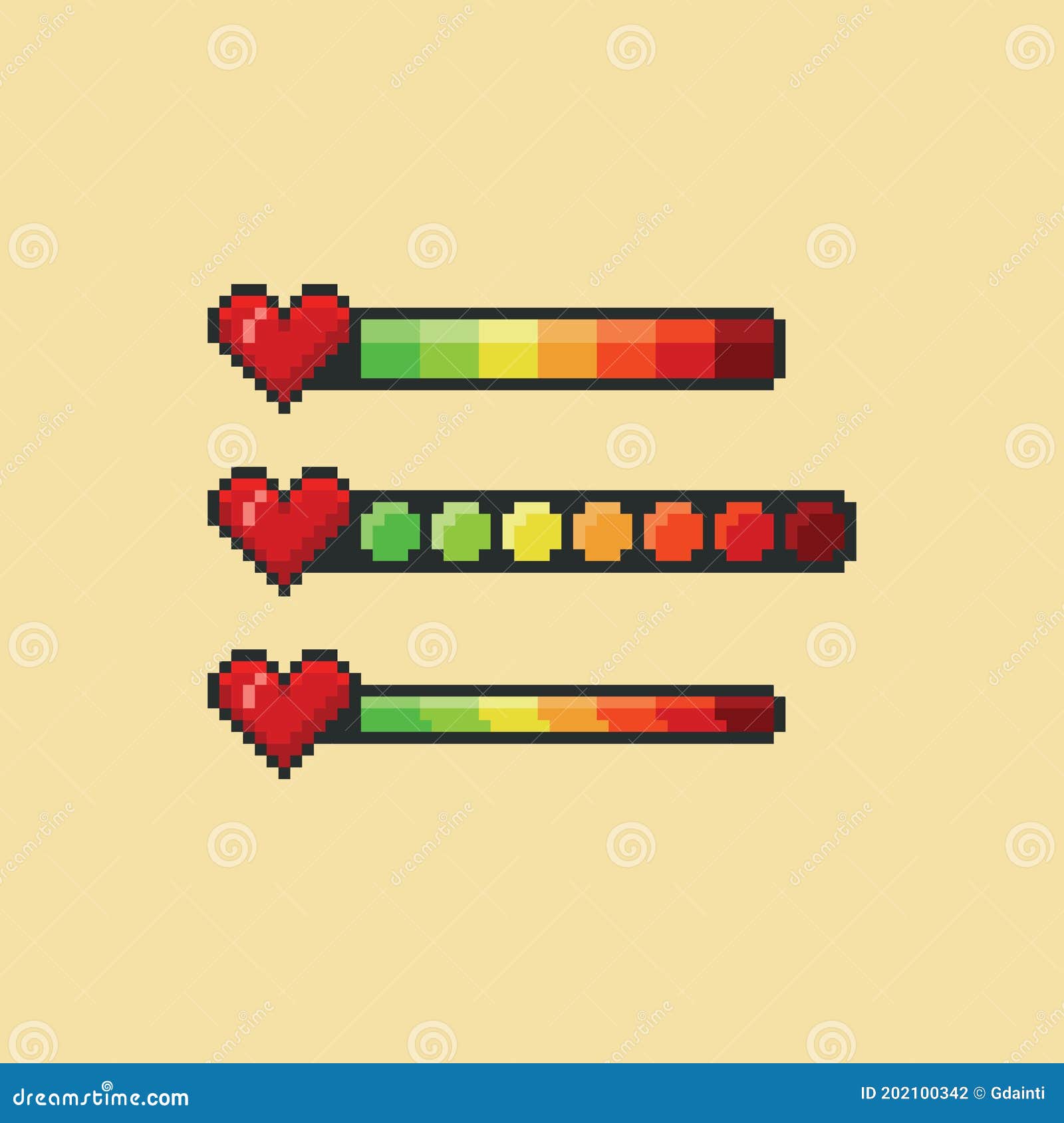 Pixel Art Vector Illustration Set - Red Heart and Health Bar Color  Indicator, 8 Bit Game Design Hud Graphic Sprite Stock Vector - Illustration  of gaming, style: 202100342