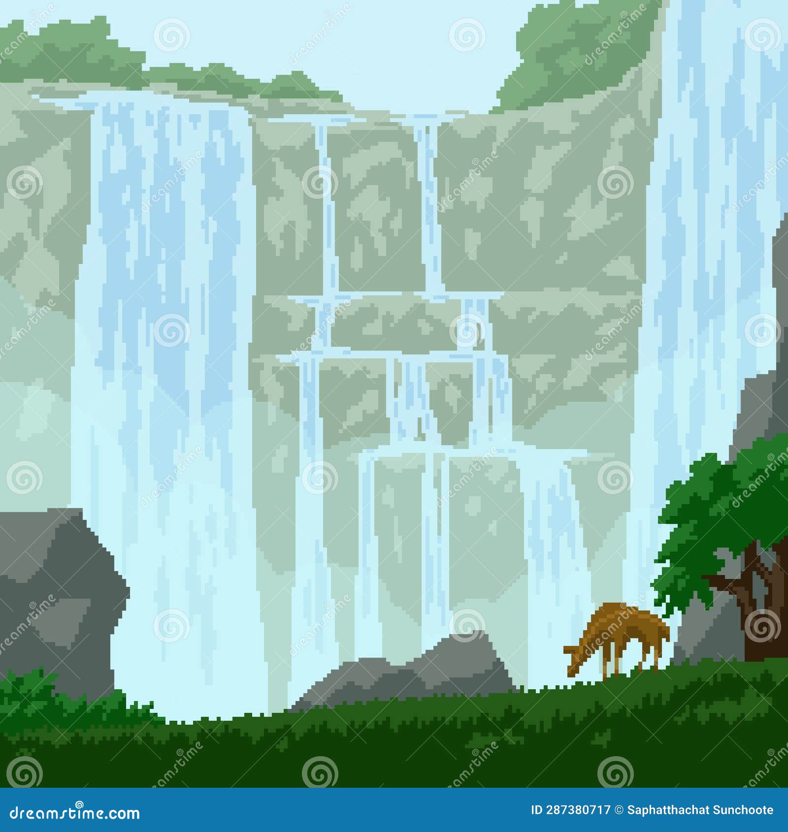 Pixel Art Waterfall Cliff Nature Stock Illustration - Illustration of ...