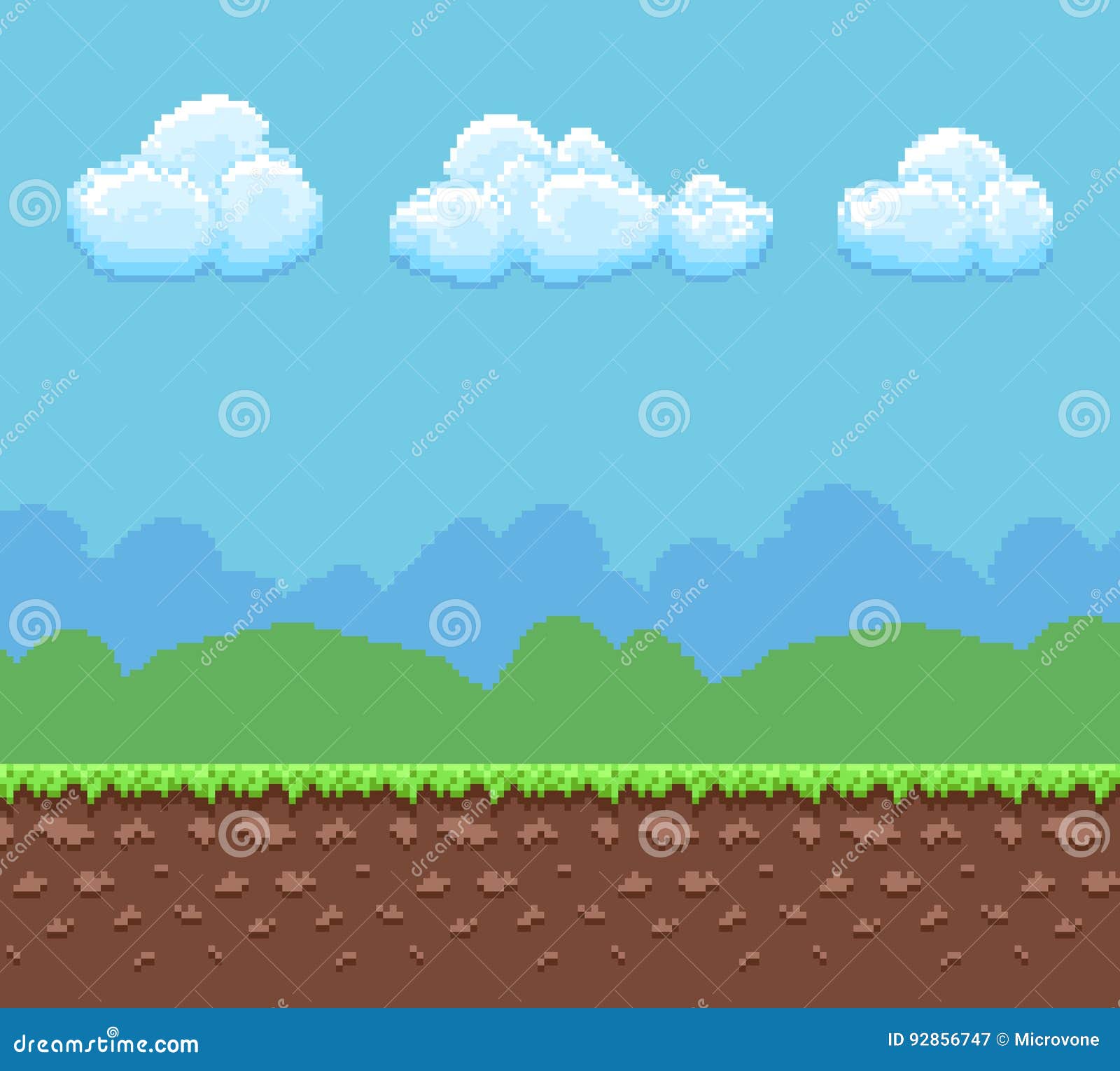 Pixel 8bit Game Vector Background with Ground and Cloudy Sky Panorama ...