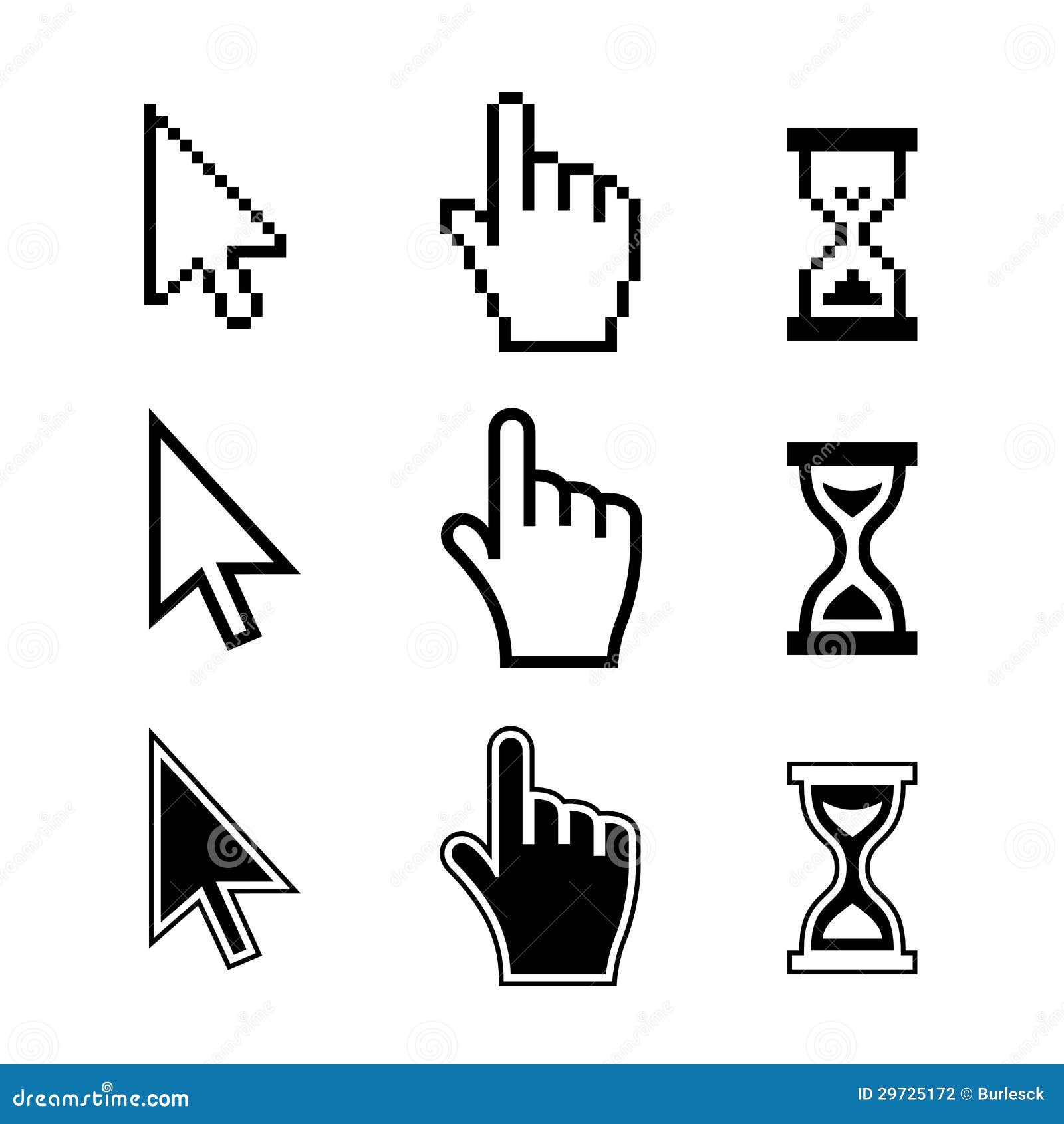 pixel cursors icons. hand arrow hourglass