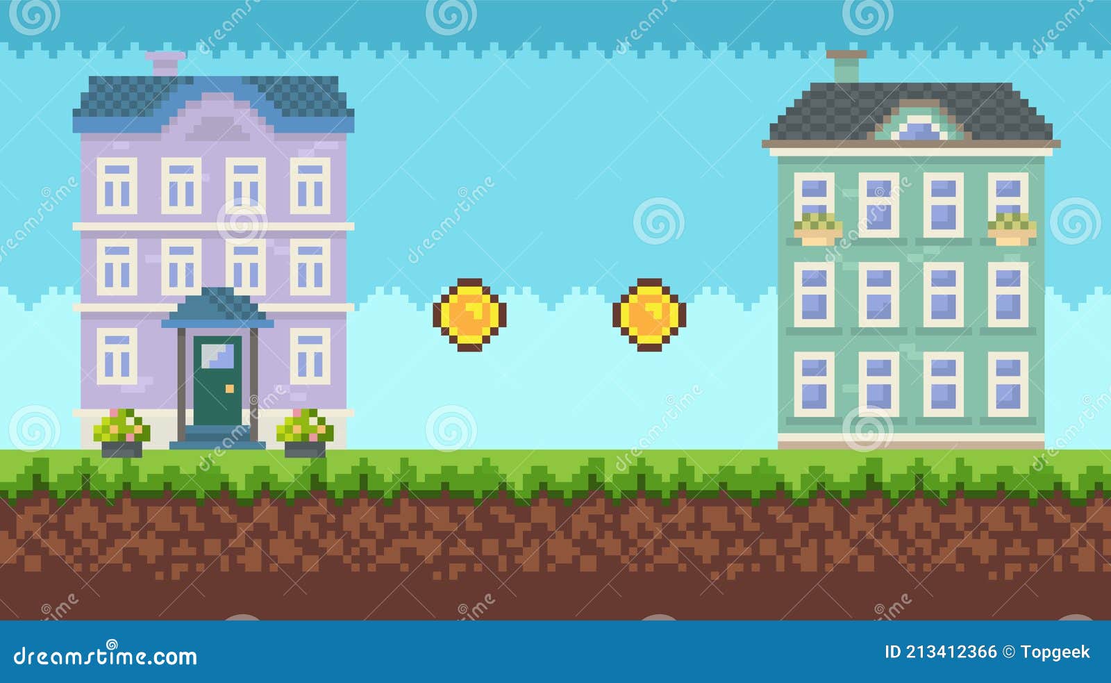 pixel-game s , scene with nature and greenery, city buildings, grass and gold coins