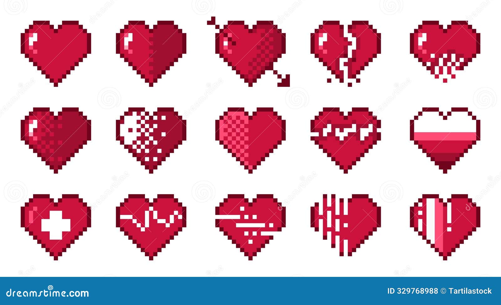 pixel hearts. retro 8 bit abstract love s, pixelated romance and friendship heart icons, 2d pixel art game asset