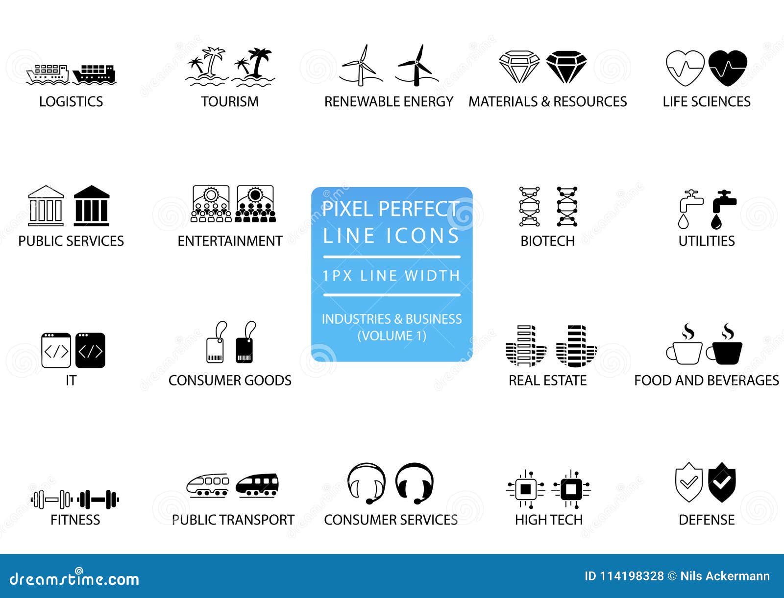 pixel perfect thin line icons and s of various industries / business sectors like public services, consumer goods, defence,