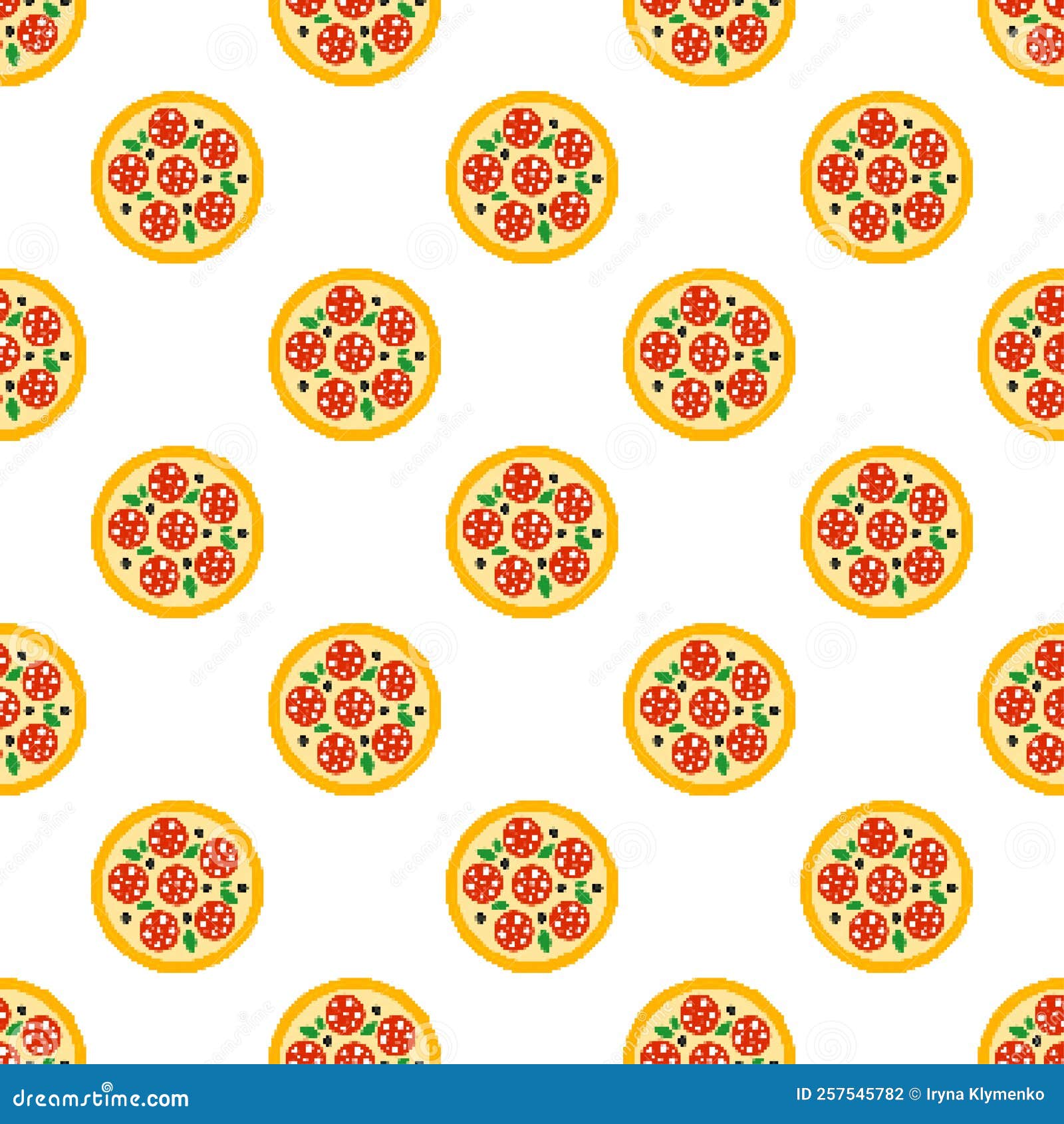 pixel pizza seamless pattern. 8-bit pizza with salami. pixel art fast food icon in flat . pizza sign in retro style