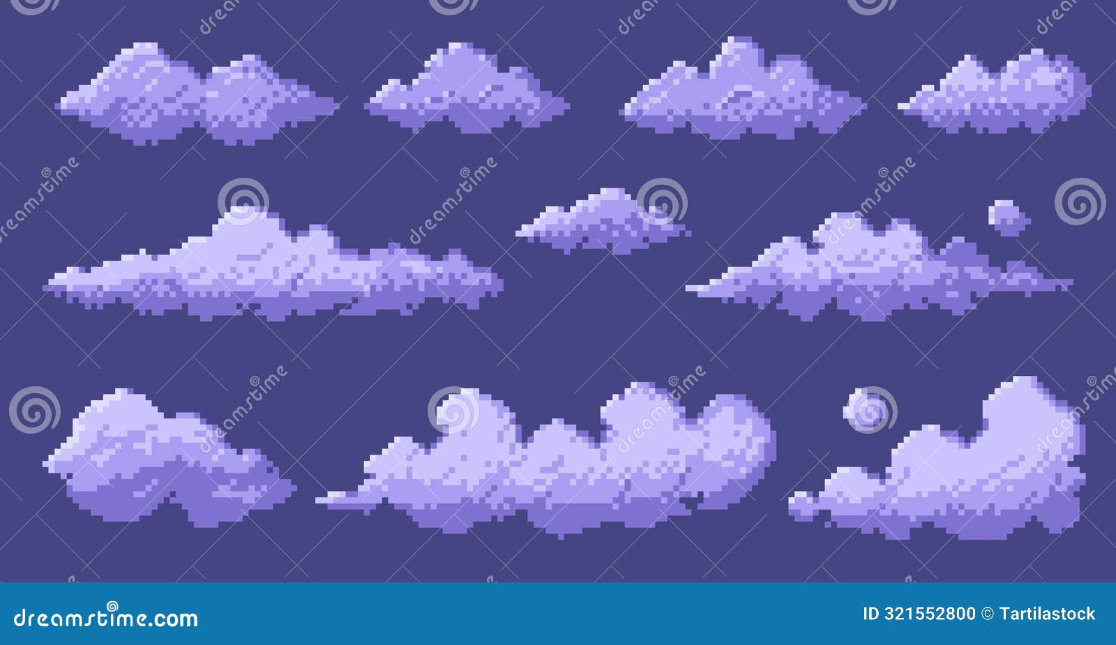 pixelated 8 bit clouds. retro video game sky background, digital 2d sprite asset, blue white cloud s for game
