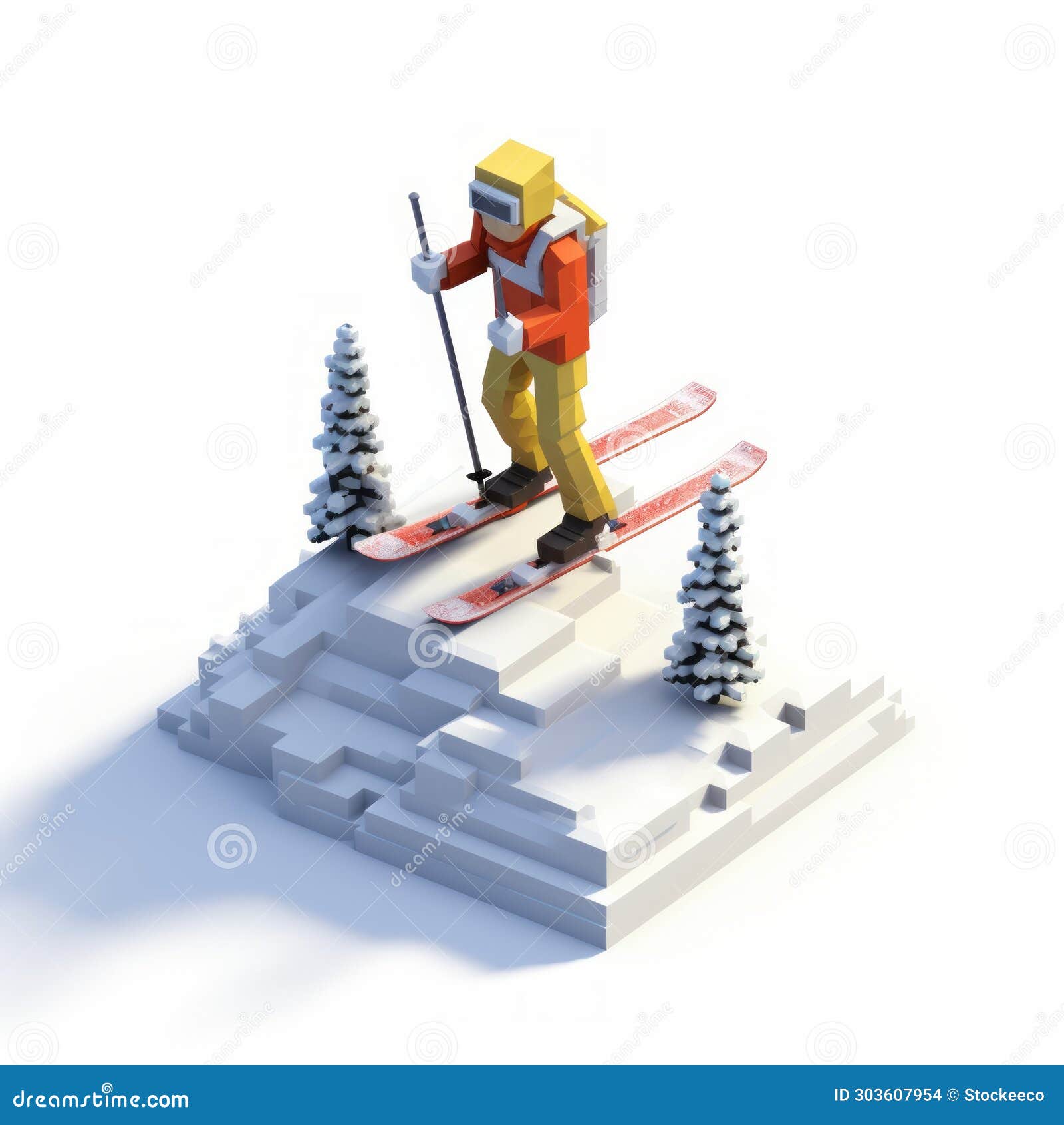 Pixelated Skiing Cartoon: 3d 8-bit Figure Carving through Snow Stock ...