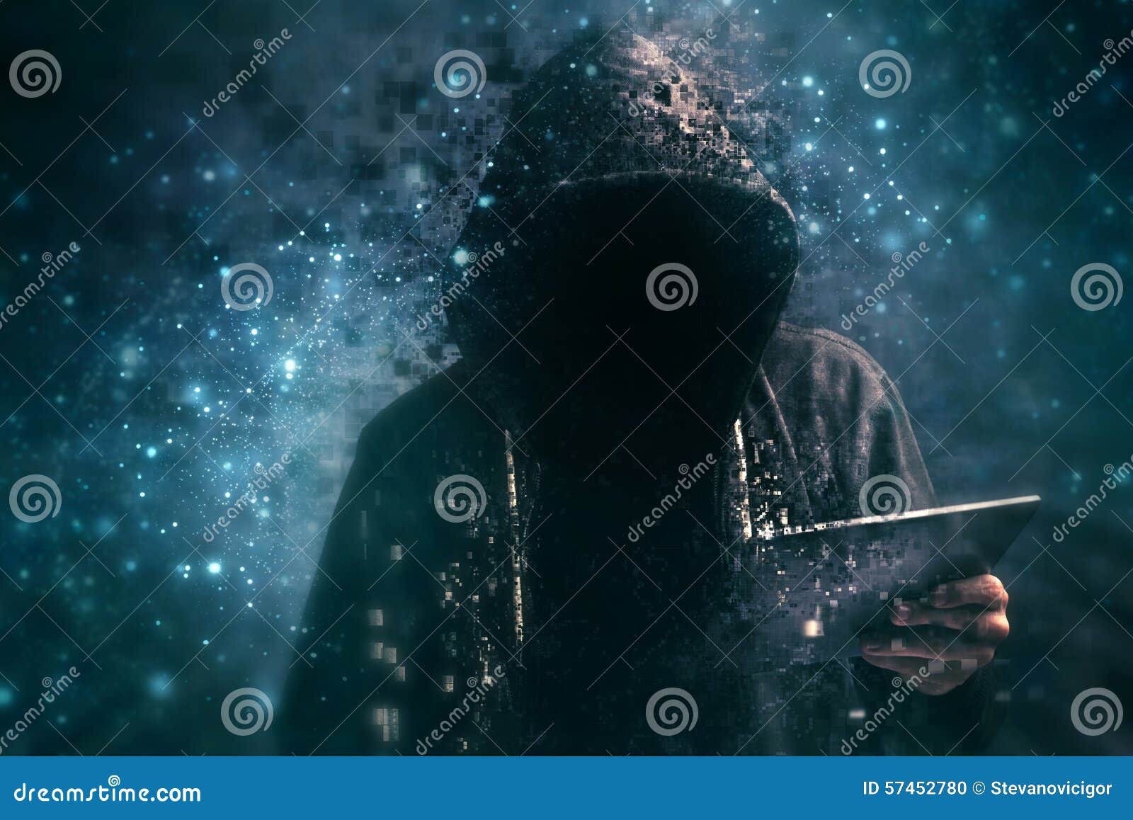pixelated unrecognizable hooded cyber criminal