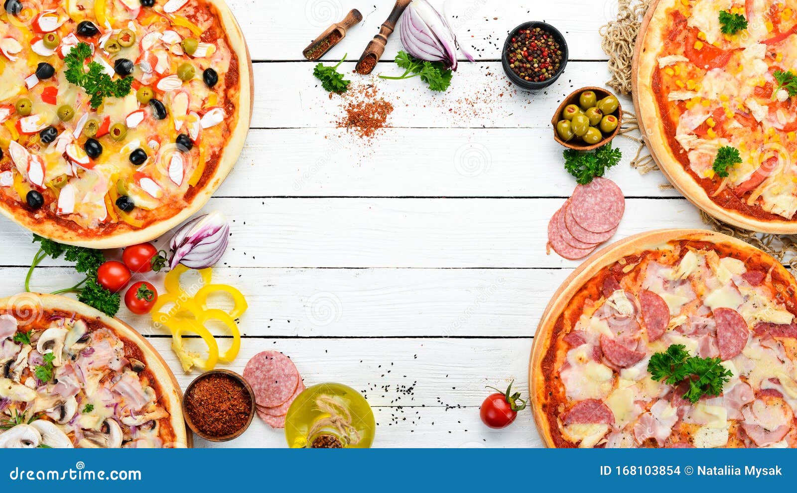 Pizza Background on White Wooden Table. Stock Photo - Image of cheese,  baked: 168103854
