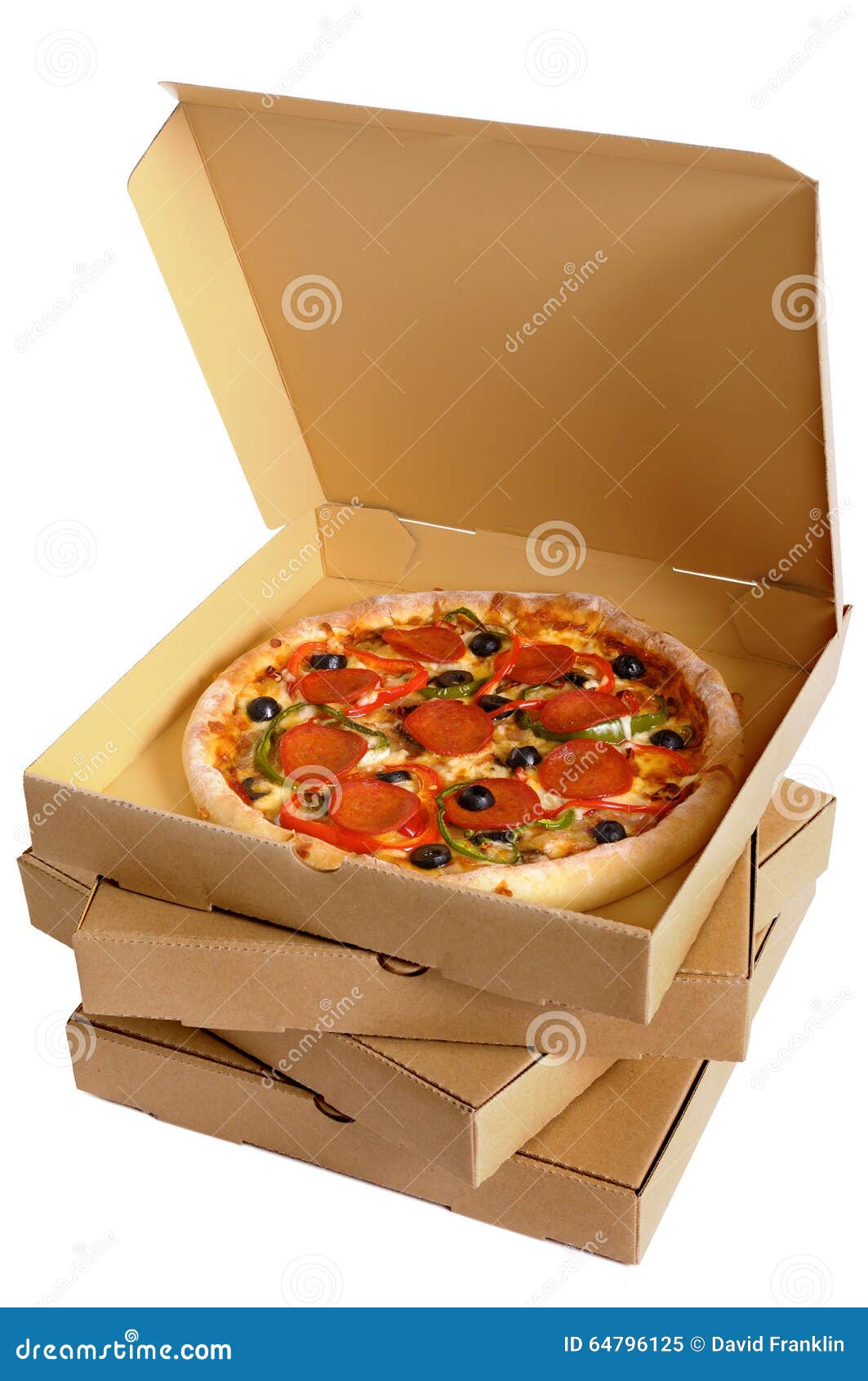 Pizza Box Open, Pepperoni Pizza Inside, Stack of Delivery Boxes