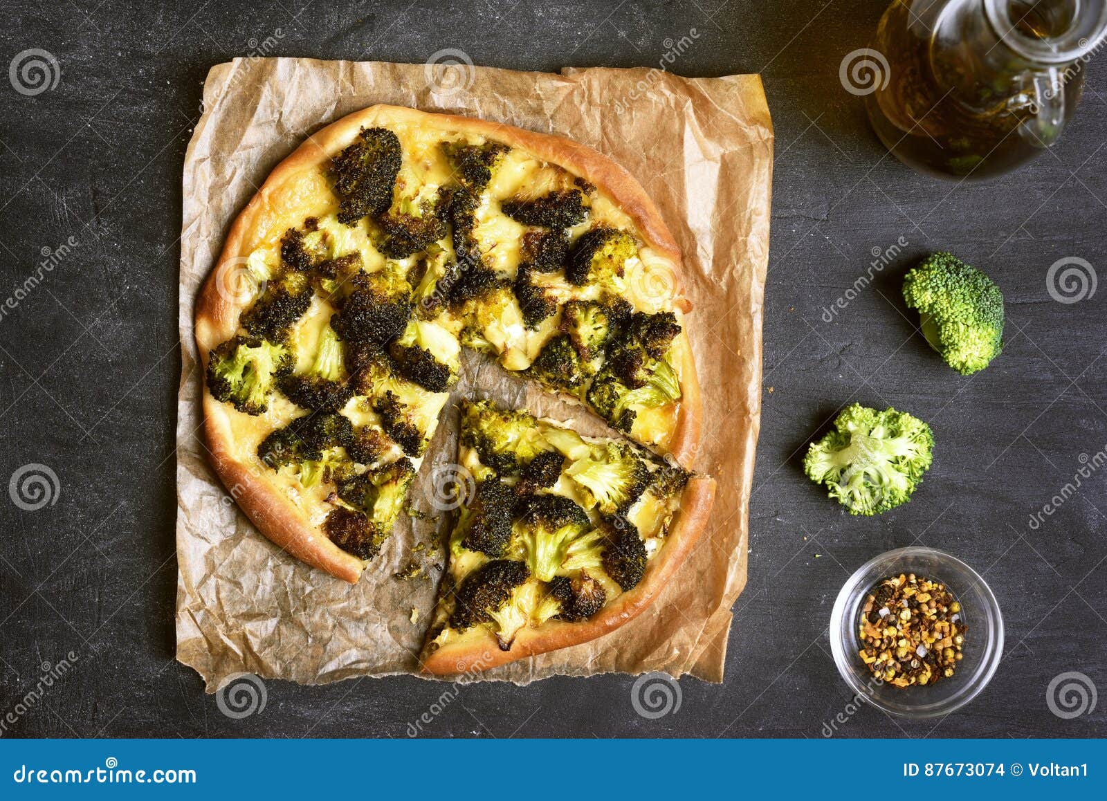 Pizza with Broccoli and Cheese, Top View Stock Photo - Image of ...